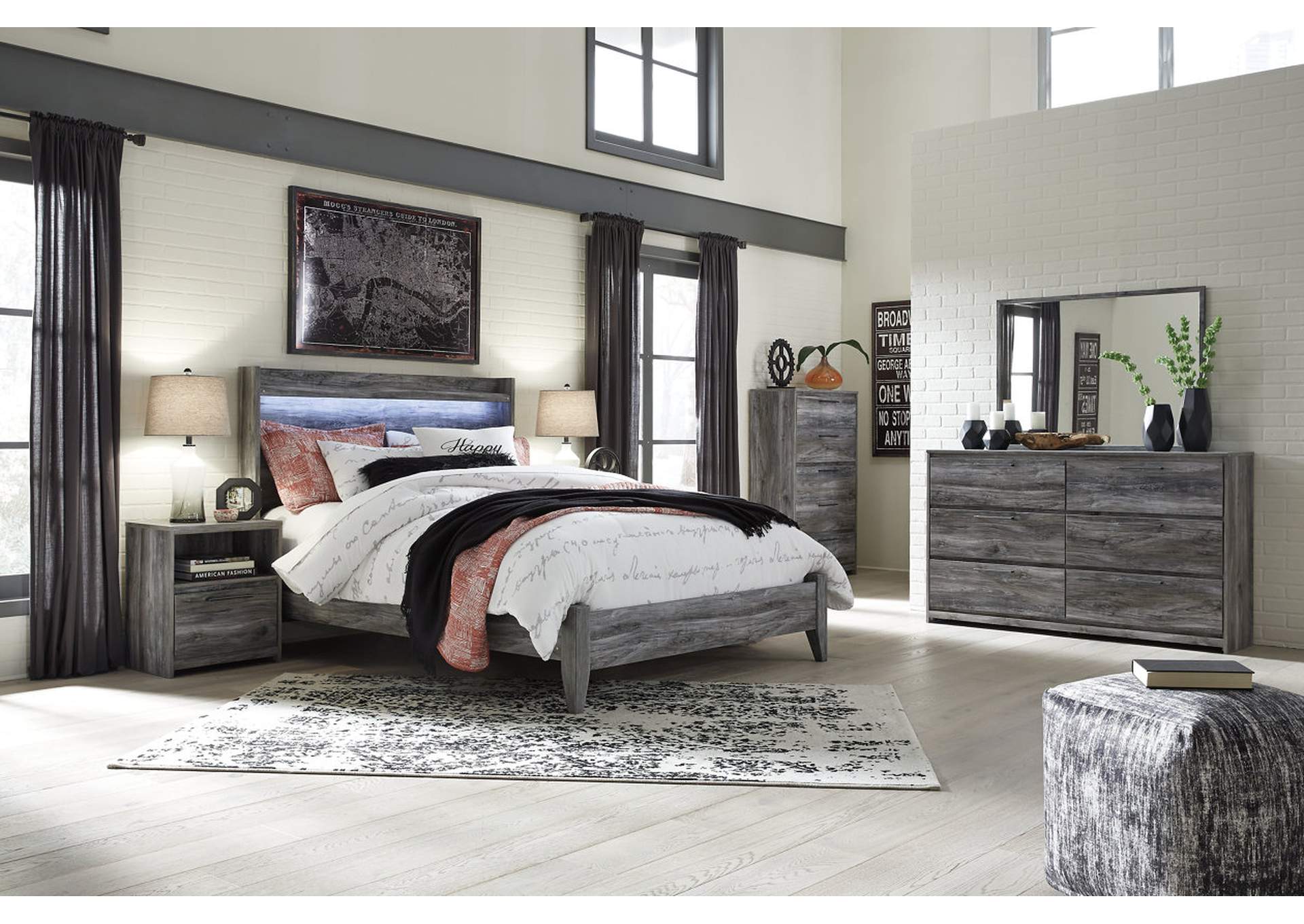 Baystorm Gray Queen Panel Bed w/Dresser, Mirror, Drawer Chest and Nightstand,ABF Signature Design by Ashley