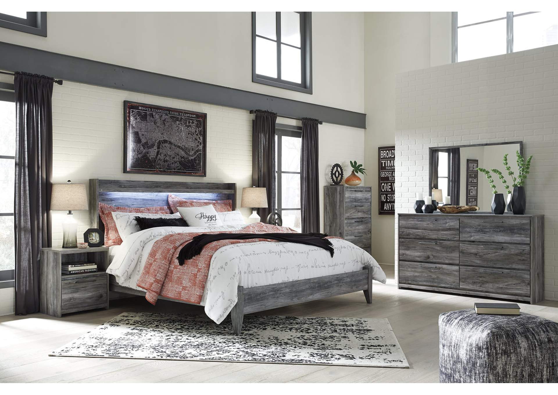 Baystorm Gray King Panel Bed w/Dresser, Mirror, Drawer Chest and Nightstand,ABF Signature Design by Ashley