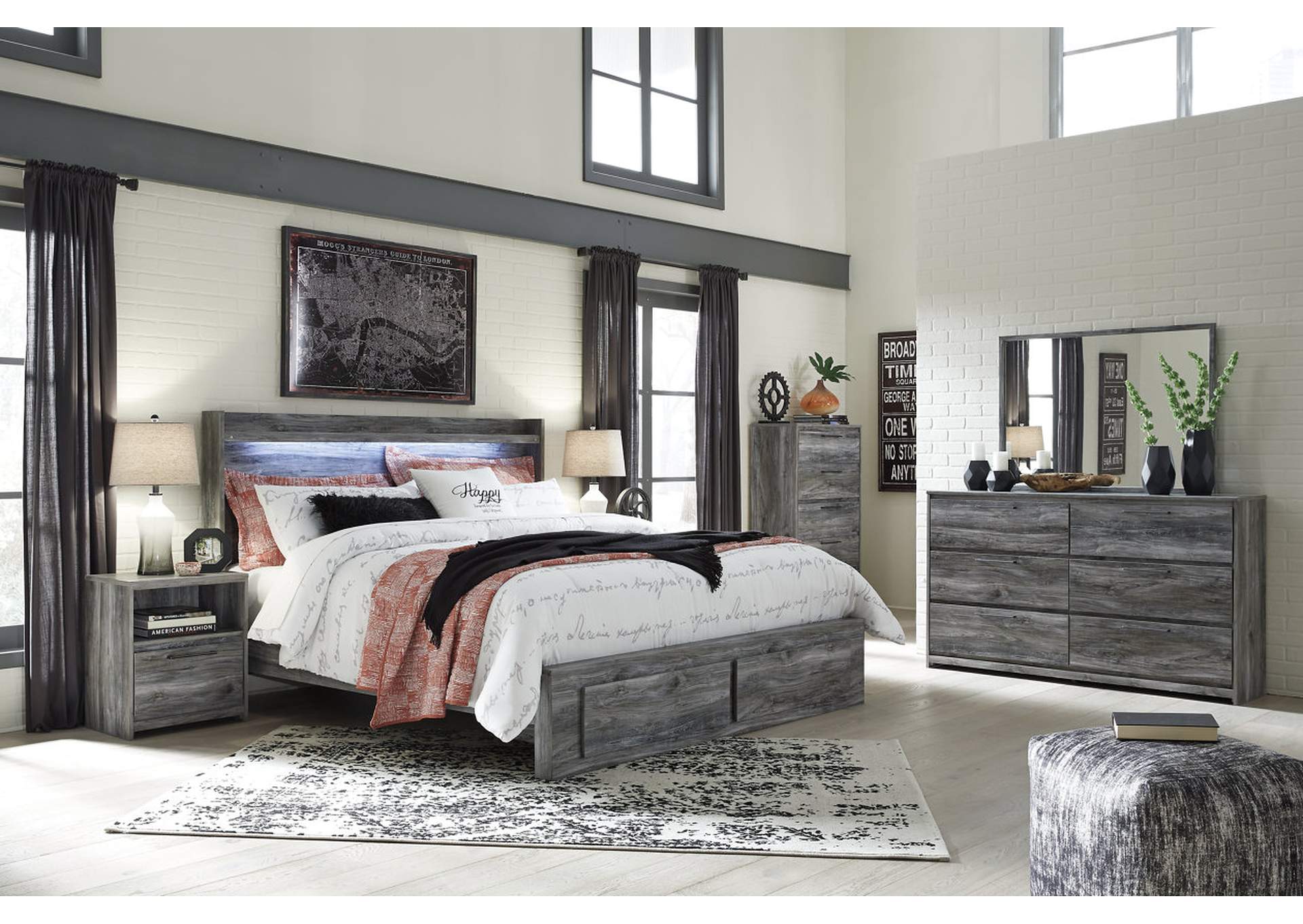 Baystorm Gray Queen Platform Storage Bed w/Dresser, Mirror, Drawer Chest and Nightstand,ABF Signature Design by Ashley