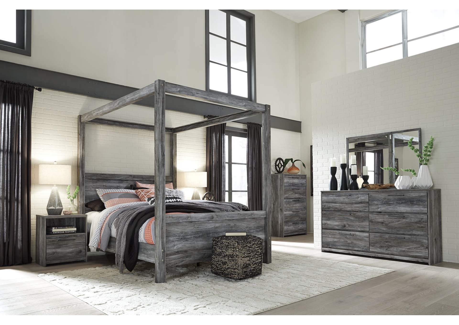 Baystorm Gray Queen Canopy Bed w/Dresser, Mirror, Drawer Chest and Nightstand,ABF Signature Design by Ashley