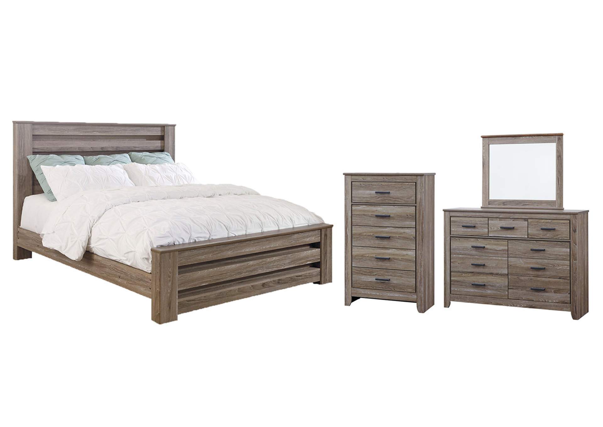 Zelen King Panel Bed with Mirrored Dresser, Chest and Nightstand,Signature Design By Ashley