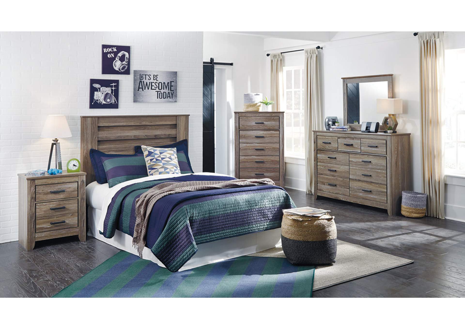 Zelen Full Panel Headboard Bed with Mirrored Dresser, Chest and Nightstand,Signature Design By Ashley
