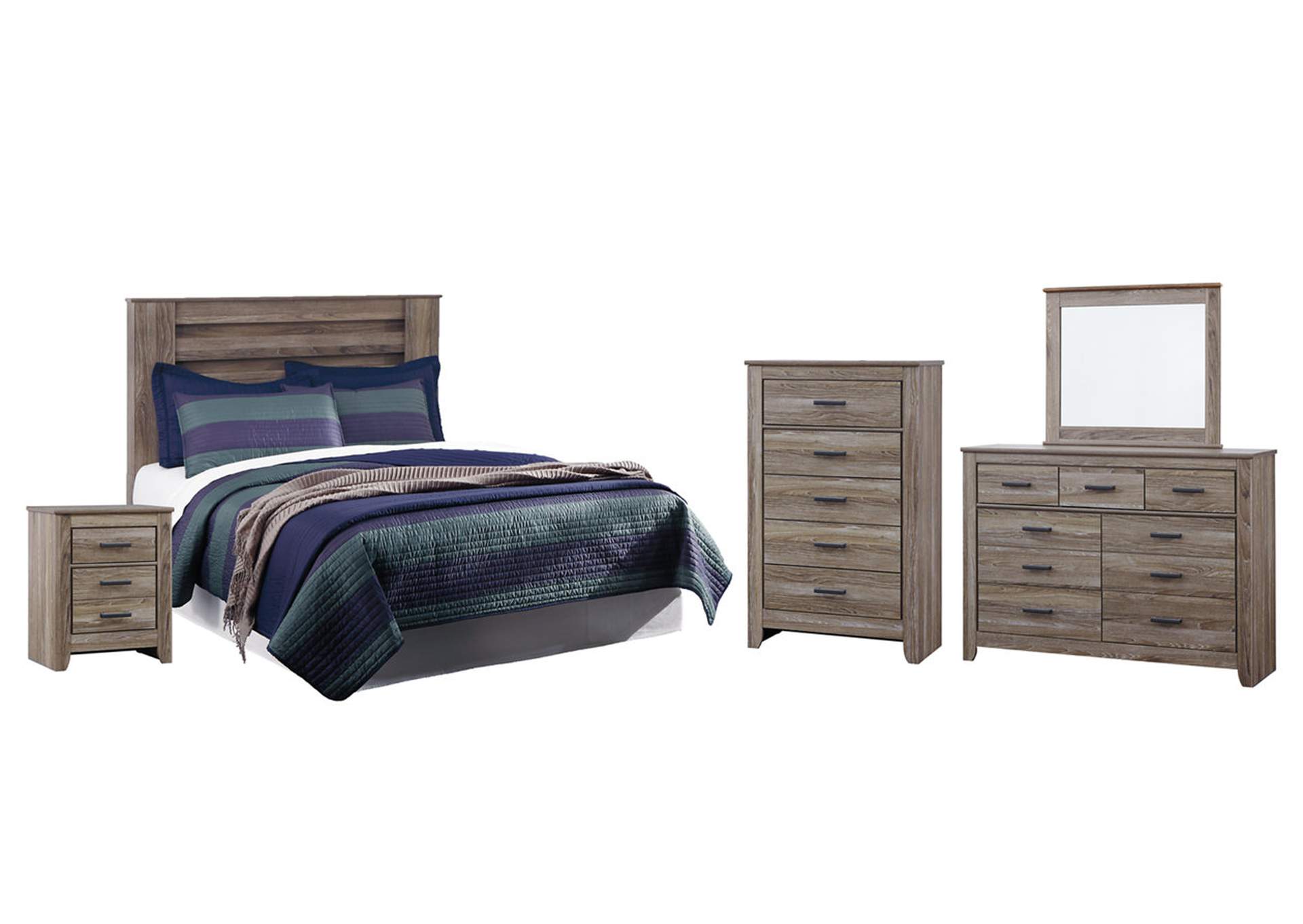 Zelen Queen/Full Panel Headboard Bed with Mirrored Dresser, Chest and Nightstand,Signature Design By Ashley