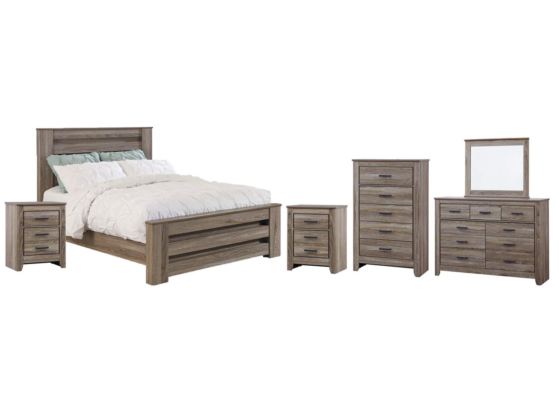 Zelen Queen Panel Bed with Mirrored Dresser, Chest and 2 Nightstands,Signature Design By Ashley