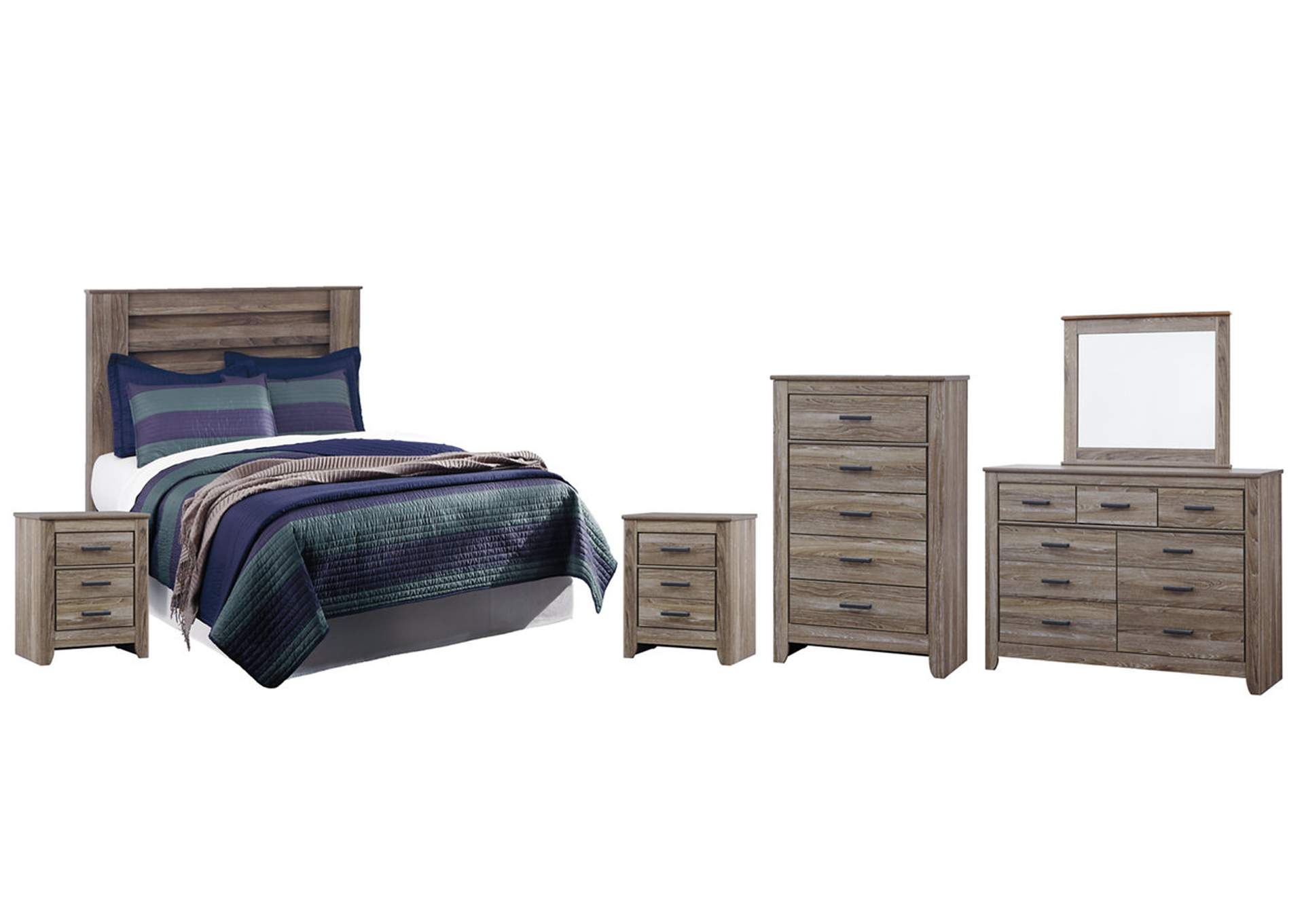 Zelen Full Panel Headboard Bed with Mirrored Dresser, Chest and 2 Nightstands,Signature Design By Ashley