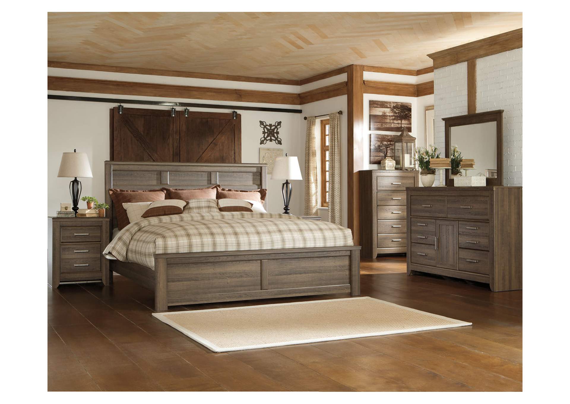 Juararo California King Panel Bed with Mirrored Dresser, Chest and 2 Nightstands,Signature Design By Ashley