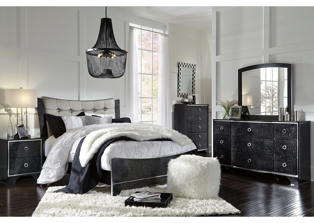 Amrothi Black King Upholstered Panel Bed w/Dresser, Mirror and Nightstand,ABF Signature Design by Ashley