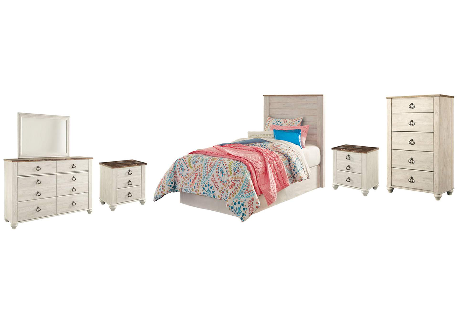 Willowton Twin Panel Headboard Bed with Mirrored Dresser, Chest and 2 Nightstands