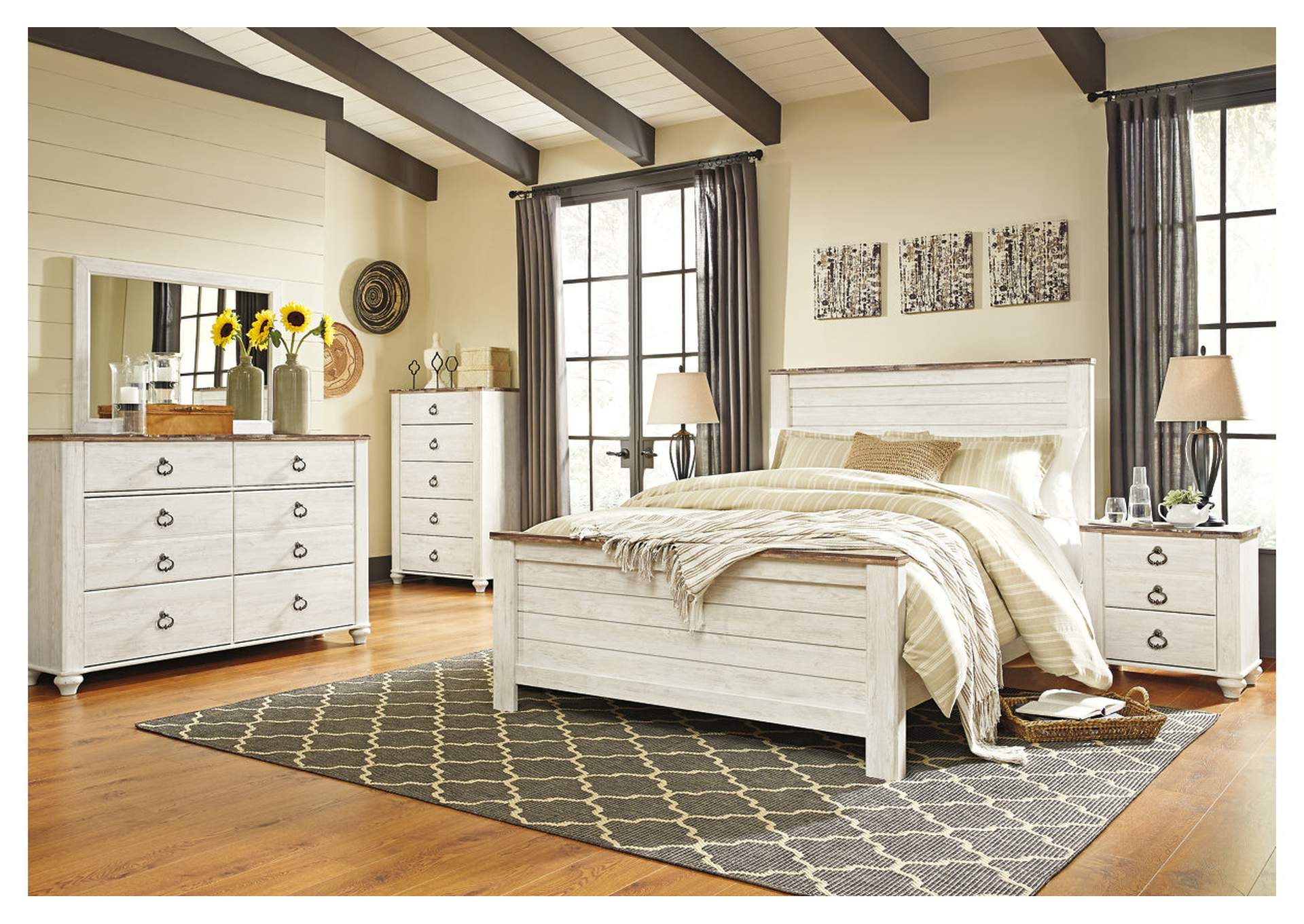 Willowton Queen Panel Bed with Mirrored Dresser and Nightstand,Signature Design By Ashley