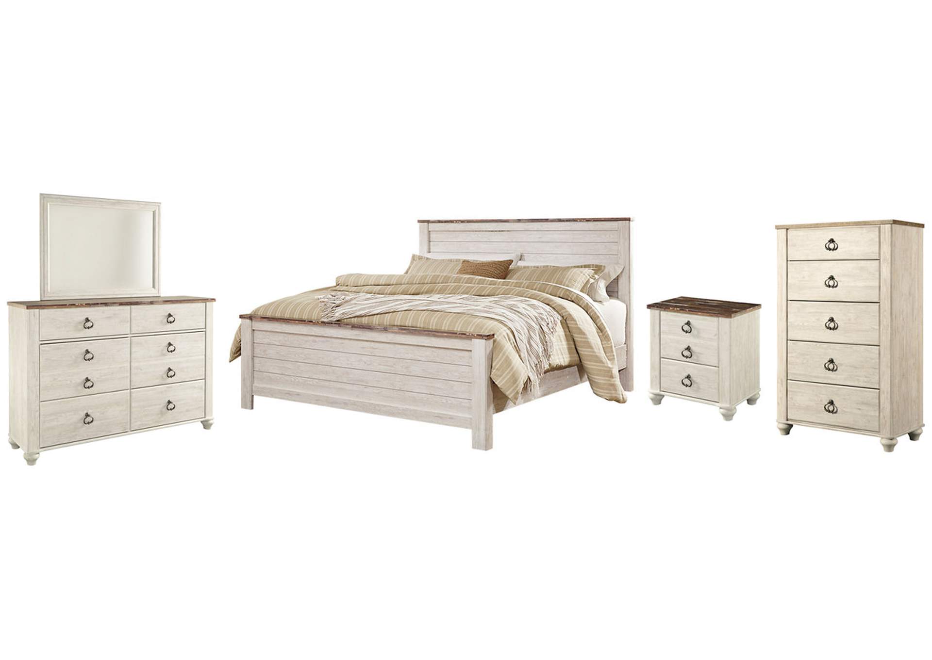 Willowton King Panel Bed with Mirrored Dresser, Chest and Nightstand,Signature Design By Ashley