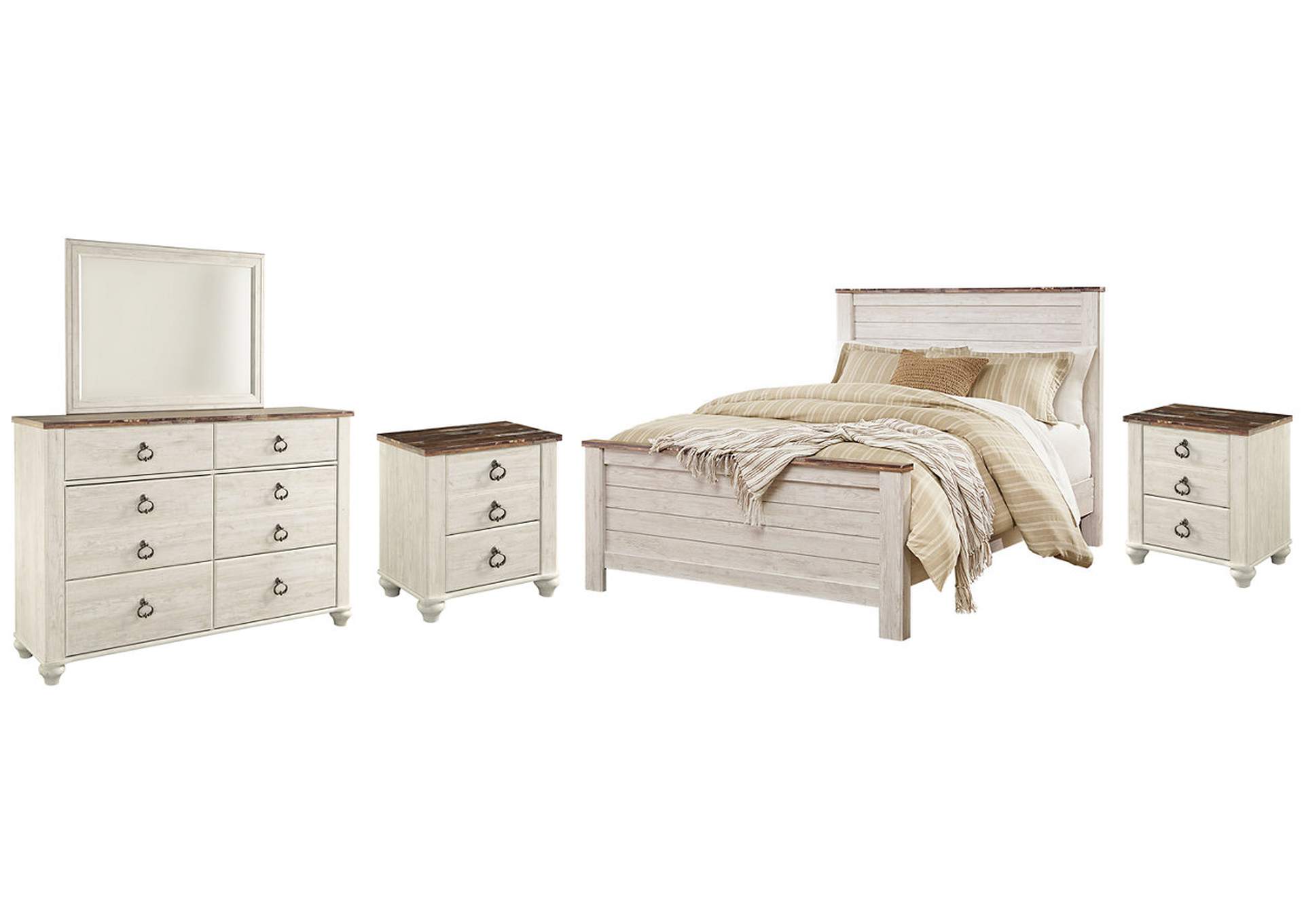 Willowton Queen Panel Bed with Mirrored Dresser and 2 Nightstands