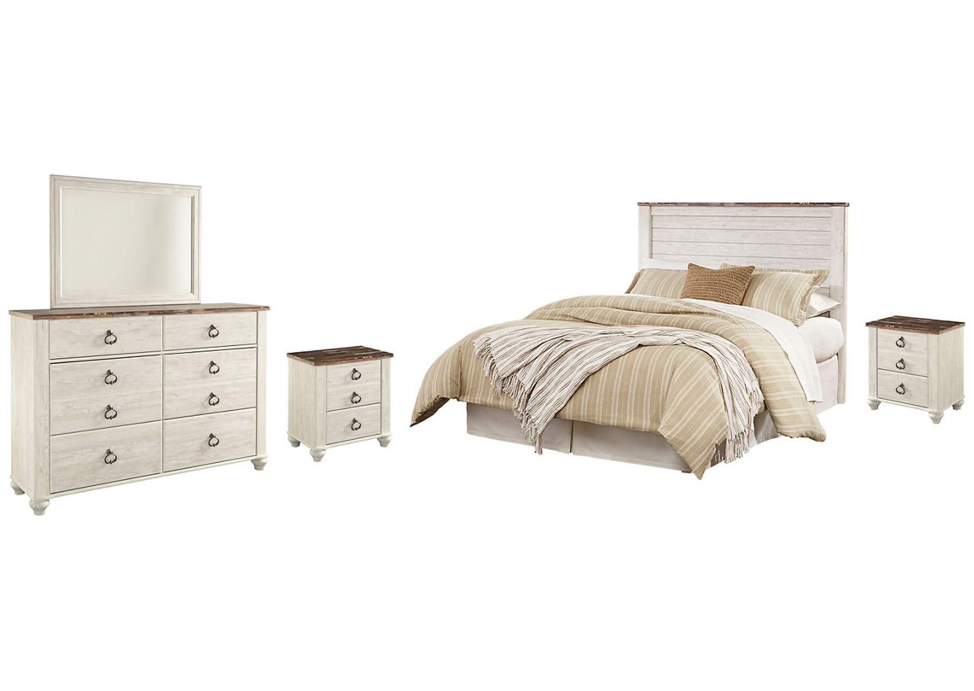 Willowton Queen/Full Panel Headboard Bed with Mirrored Dresser and 2 Nightstands
