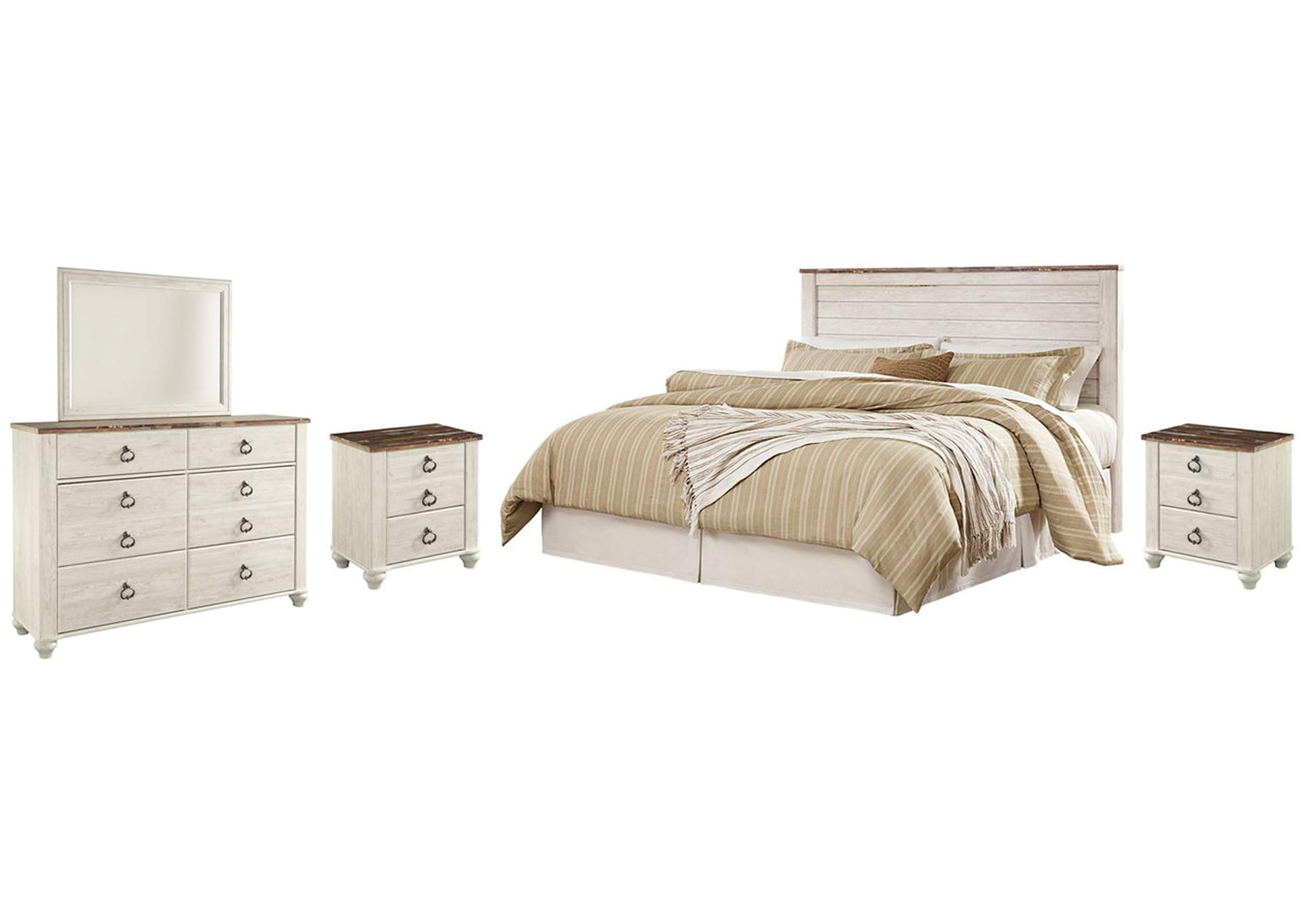 Willowton King/California King Panel Headboard Bed with Mirrored Dresser and 2 Nightstands,Signature Design By Ashley