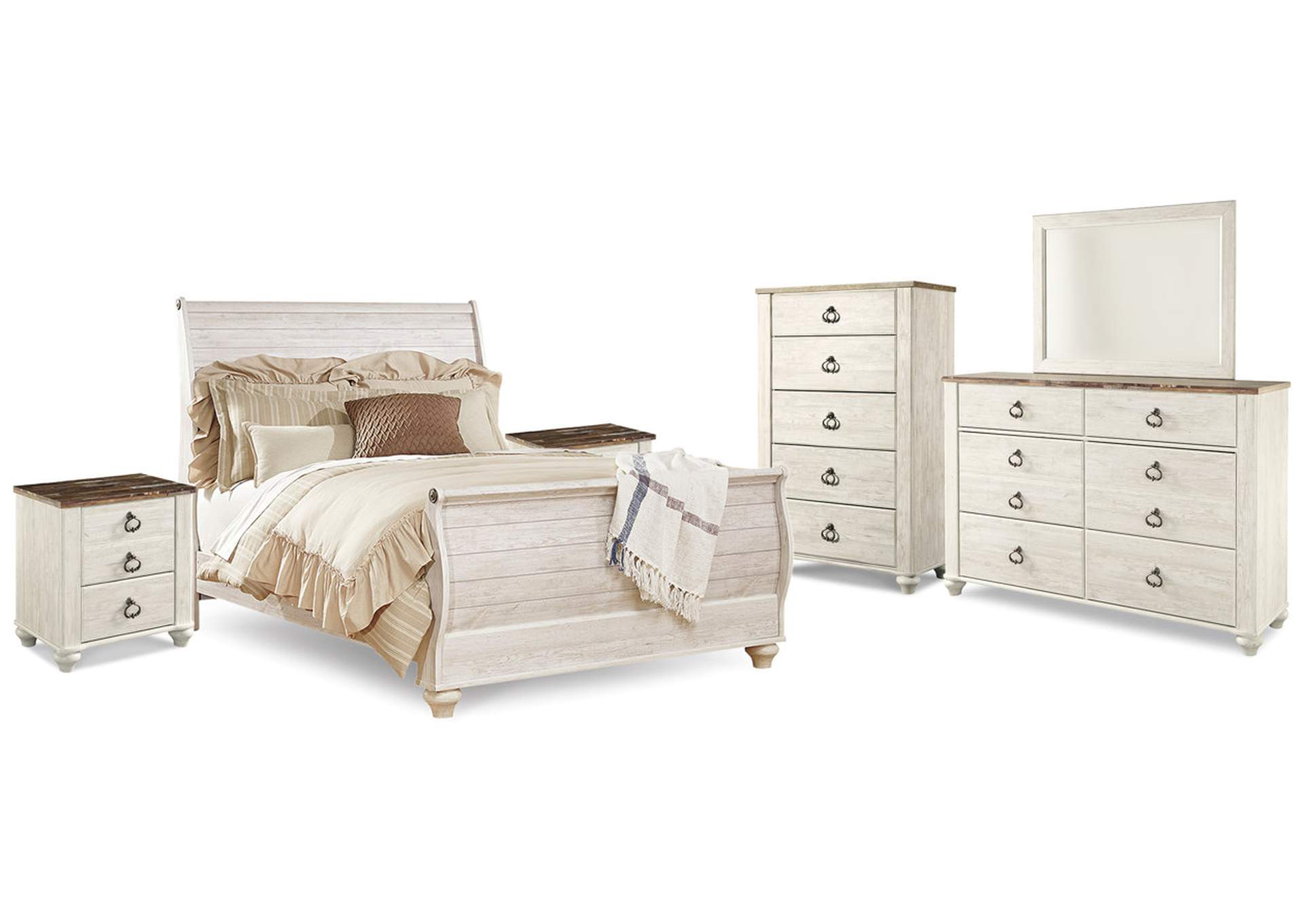 Willowton Queen Sleigh Bed, 2 Dressers, Mirror, Chest and 2 Nightstands,Signature Design By Ashley