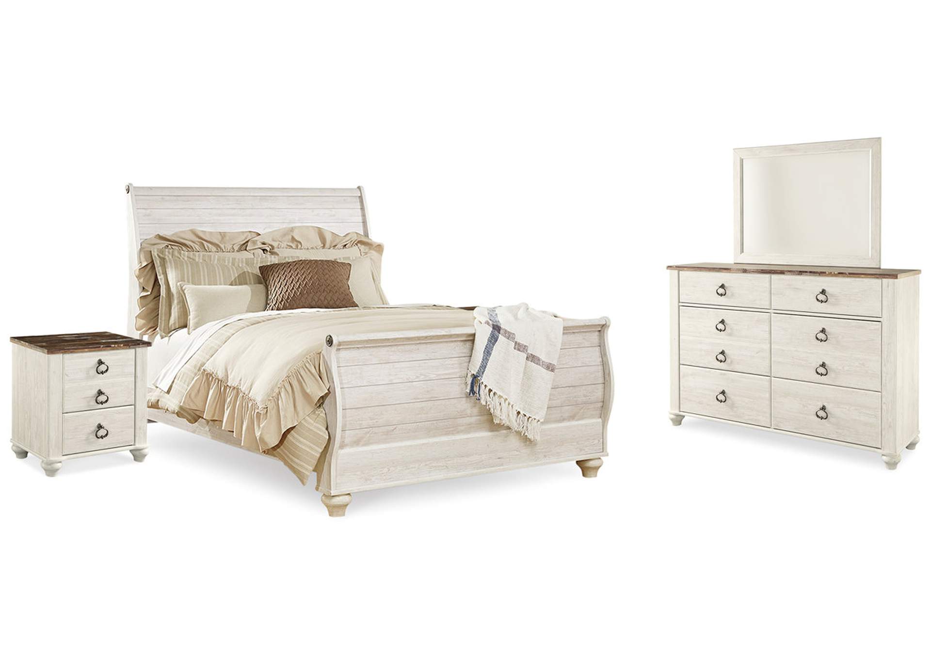 Willowton Queen Sleigh Bed with Mirrored Dresser and 2 Nightstands