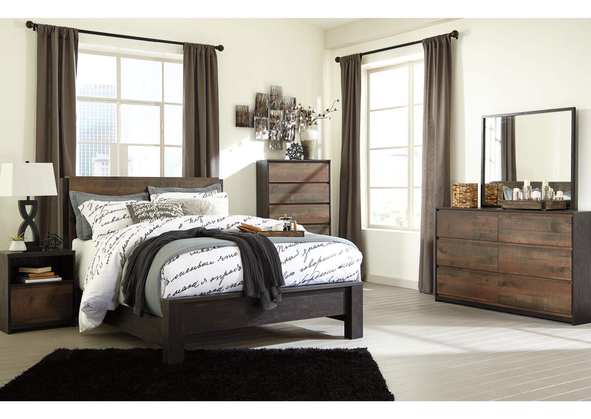 Windlore Dark Brown Queen Panel Bed w/Dresser, Mirror, Nightstand,ABF Signature Design by Ashley