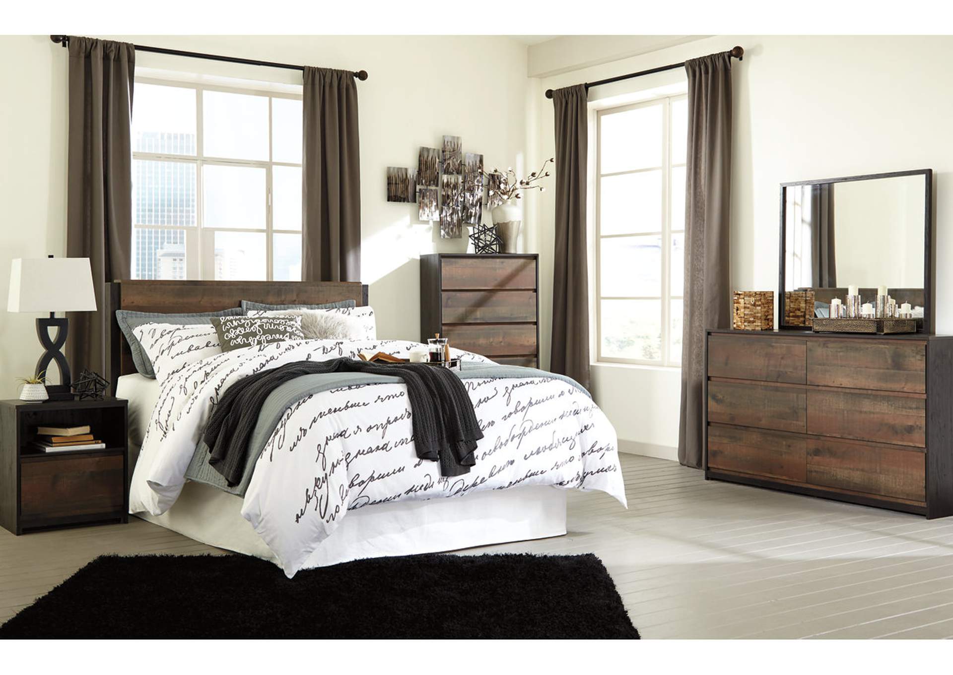 Windlore Dark Brown King Panel Bed w/Dresser, Mirror, Nightstand,ABF Signature Design by Ashley