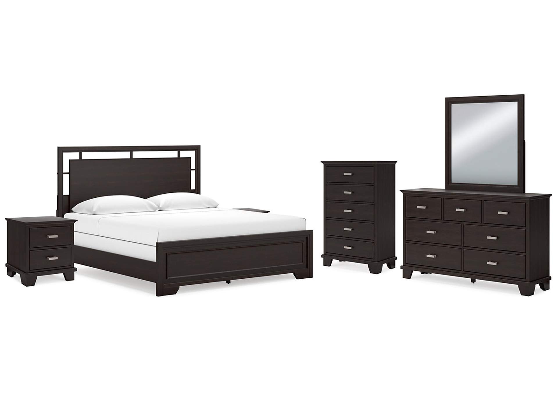 Covetown King Panel Bed with Mirrored Dresser, Chest and 2 Nightstands,Signature Design By Ashley