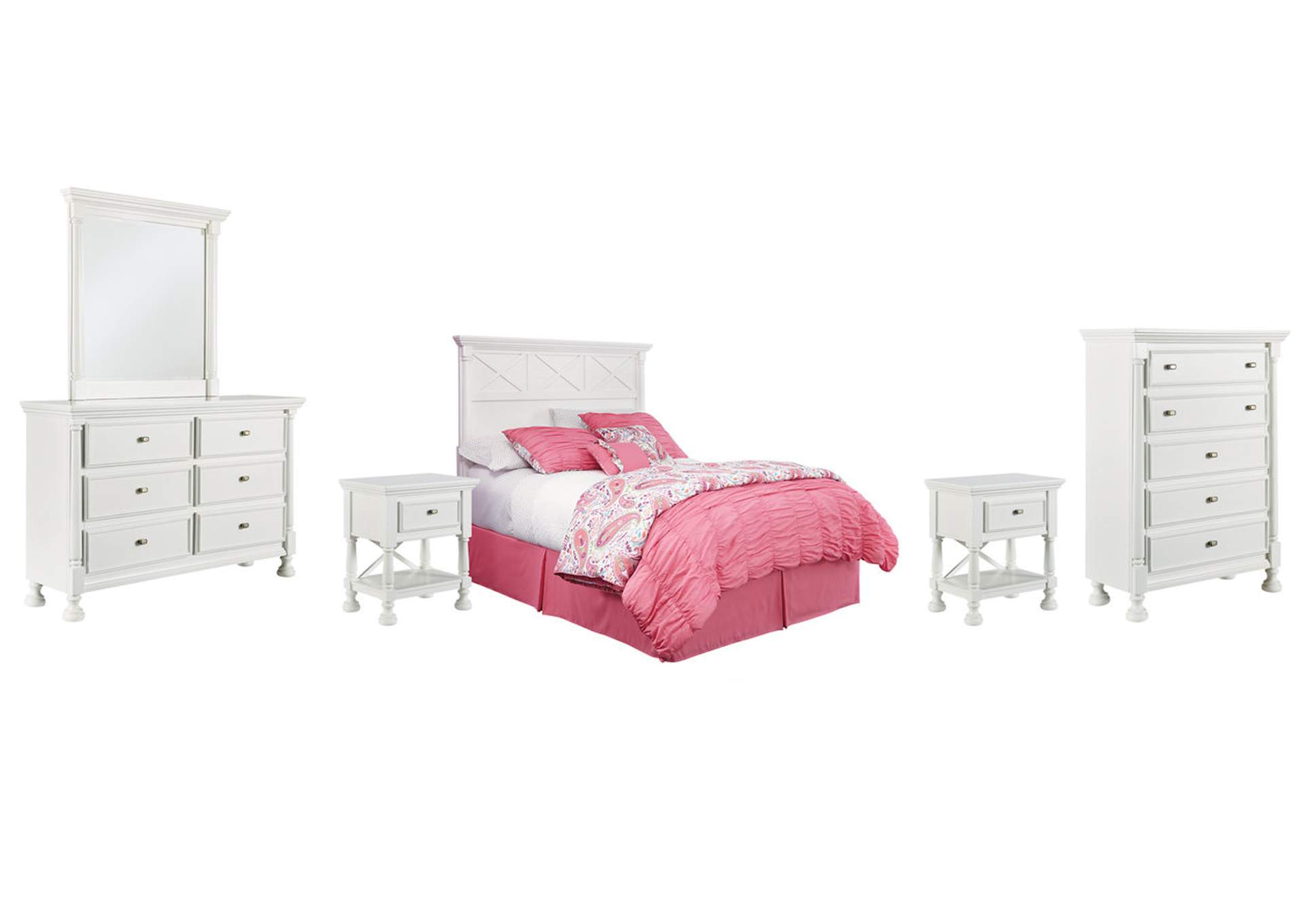 Kaslyn Queen Panel Headboard Bed with Mirrored Dresser, Chest and 2