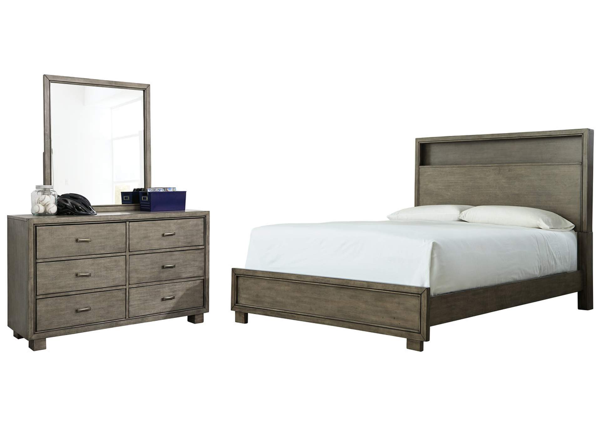 Queen Bookcase Bed with Mirrored Dresser Harlem Furniture