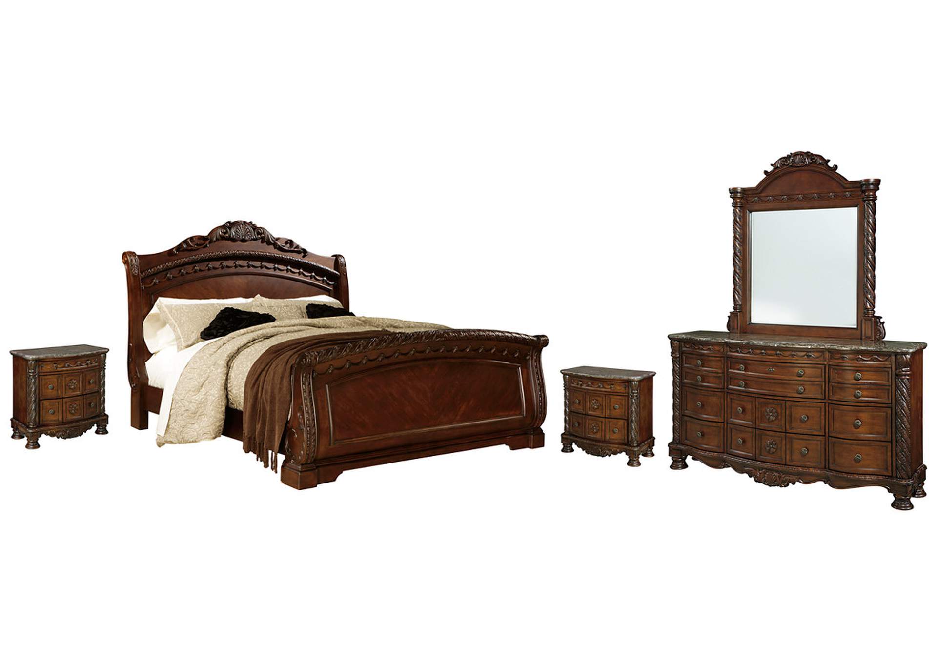 North Shore King Sleigh Bed with Mirrored Dresser and 2
