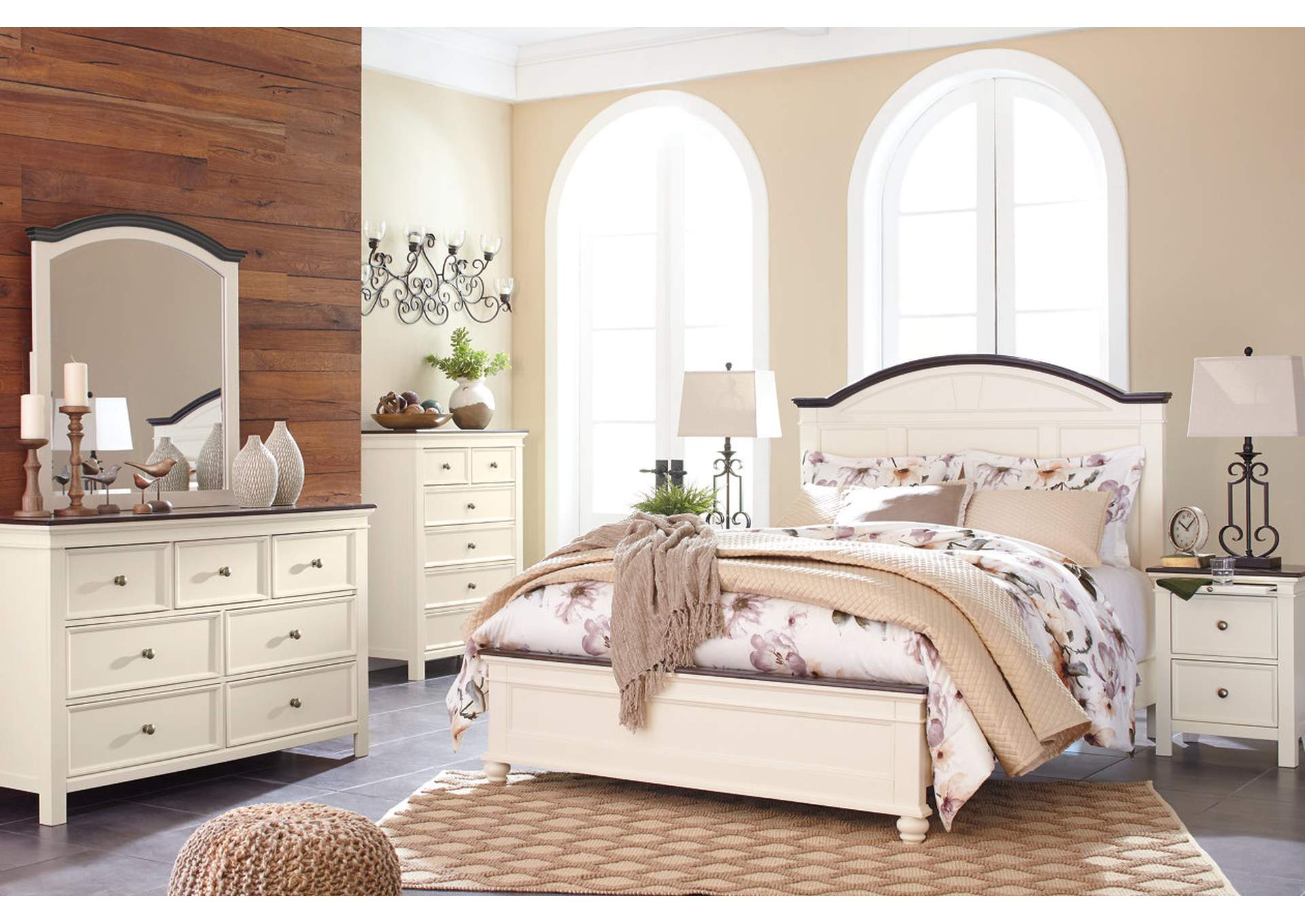 Woodanville White/Brown Queen Panel Bed w/Dresser, Mirror and Drawer Chest,ABF Signature Design by Ashley