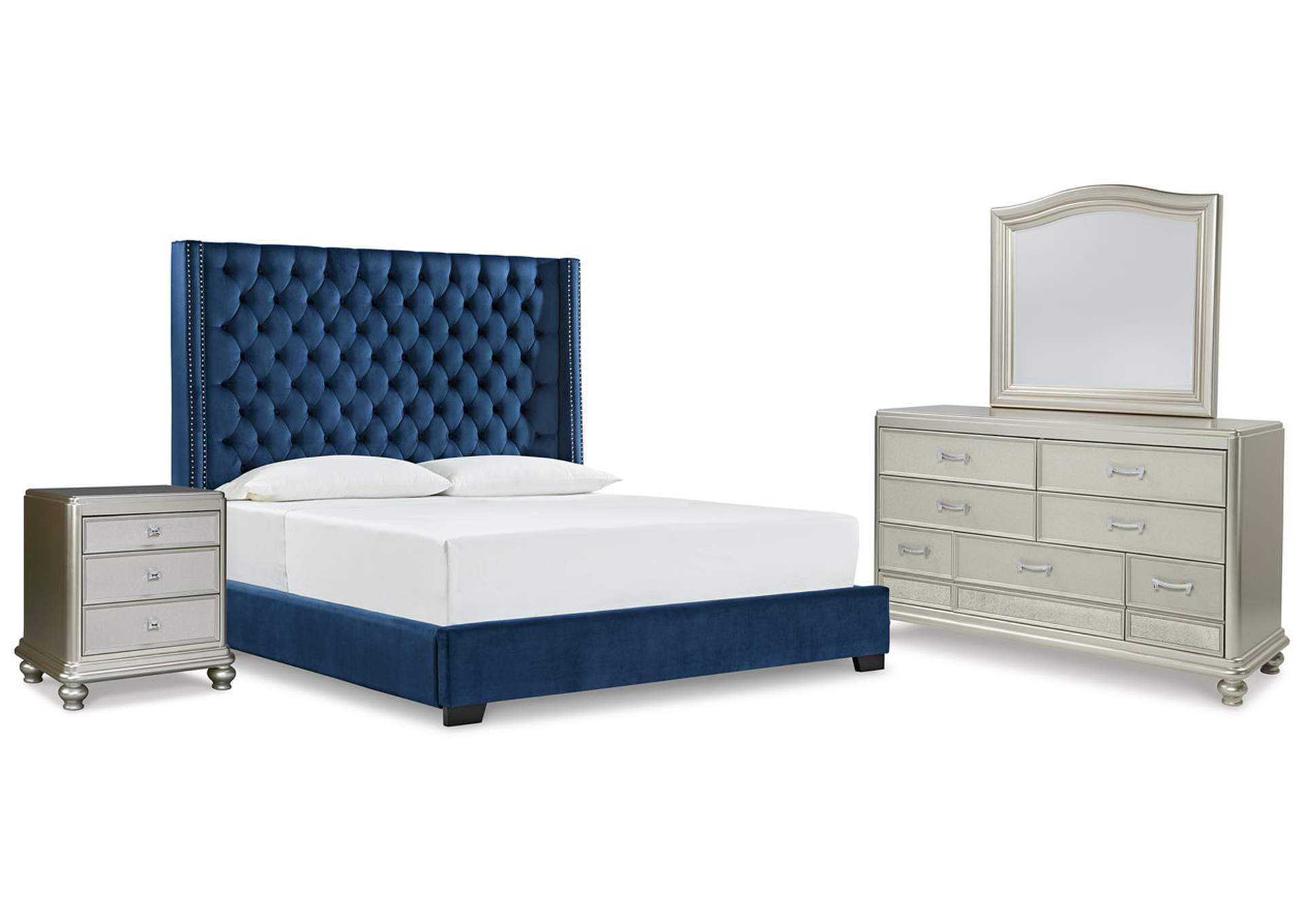 Coralayne King Upholstered Bed with Mirrored Dresser and Nightstand,Signature Design By Ashley