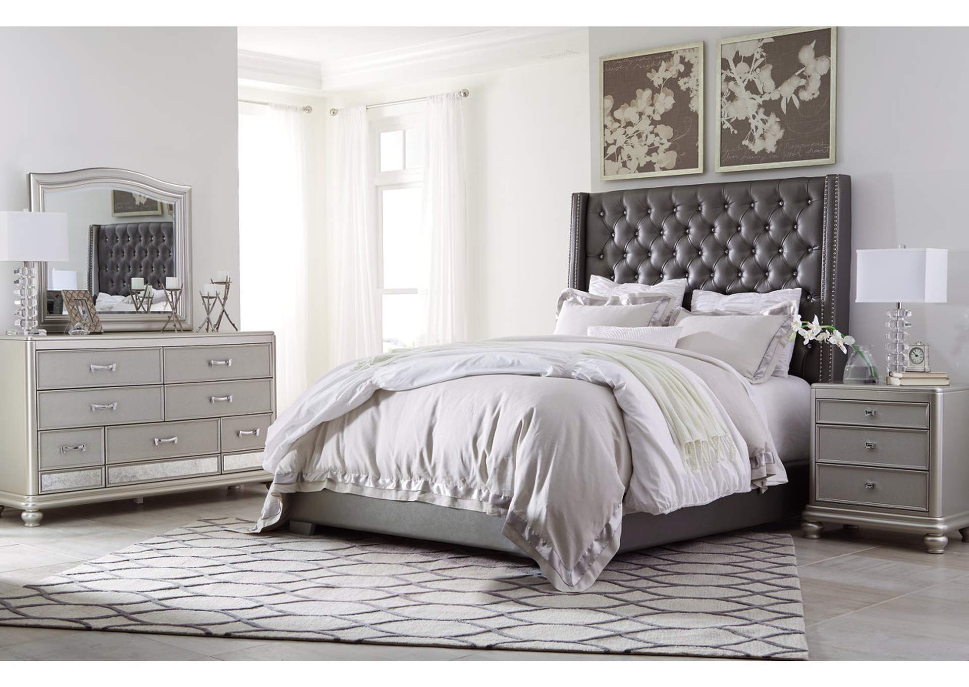 Coralayne King Upholstered Bed with Mirrored Dresser and 2 Nightstands,Signature Design By Ashley