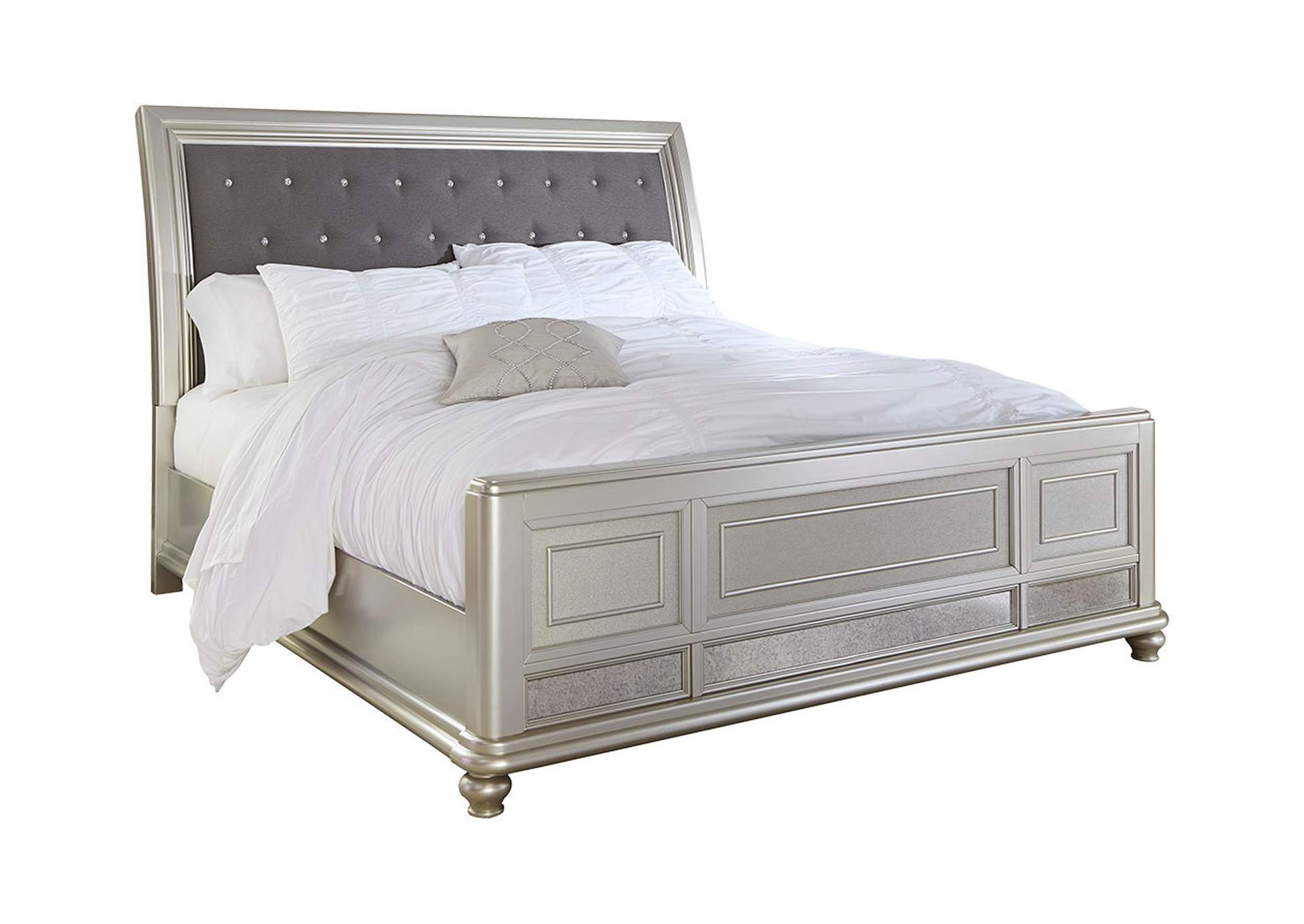 Coralayne California King Upholstered Sleigh Bed with Mirrored Dresser and 2 Nightstands,Signature Design By Ashley