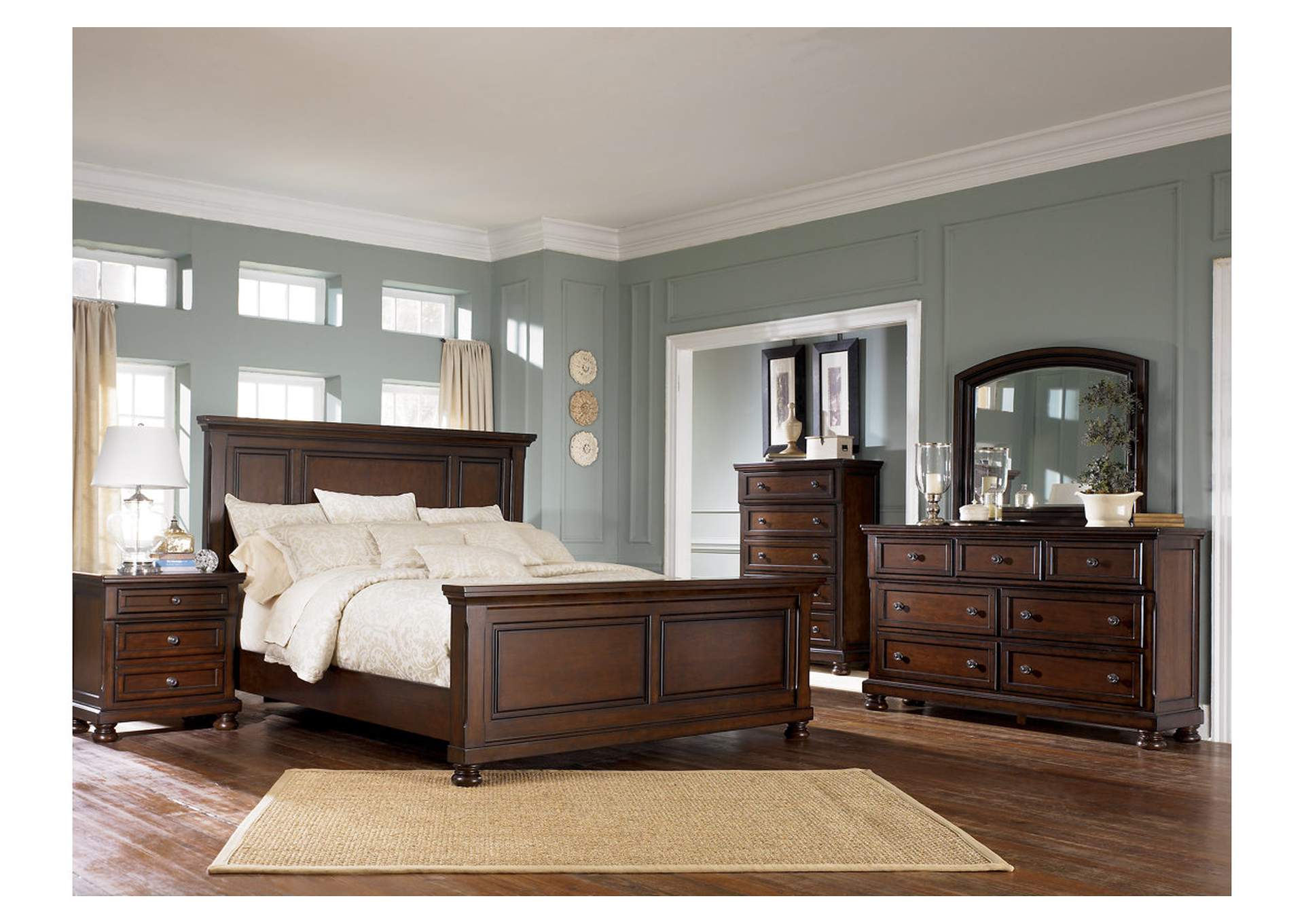 Porter King Panel Bed with Mirrored Dresser, Chest and Nightstand,Millennium