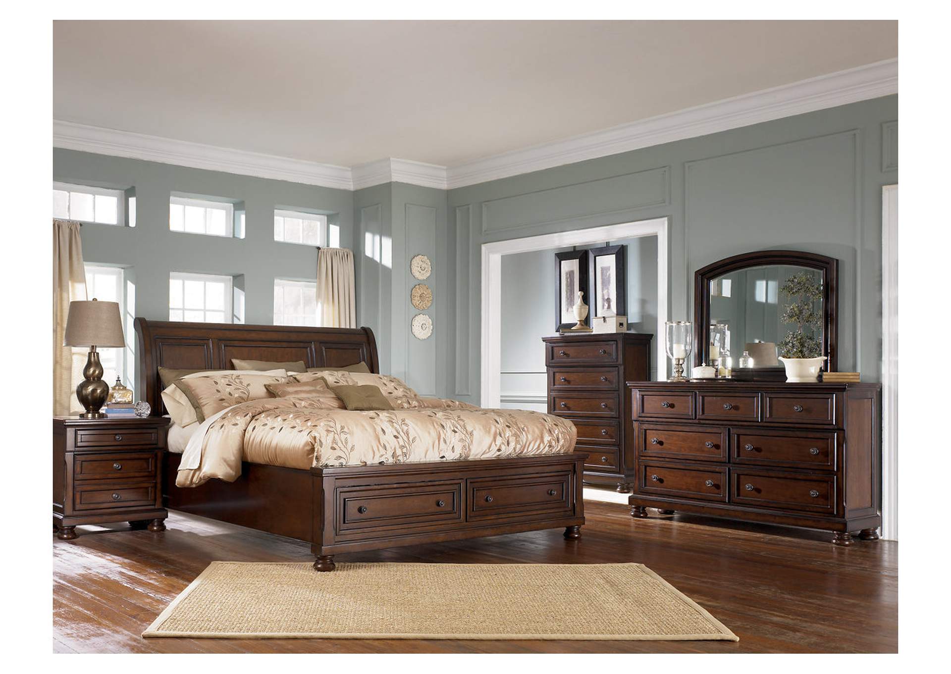 Porter Queen Sleigh Bed with Mirrored Dresser, Chest and Nightstand,Millennium