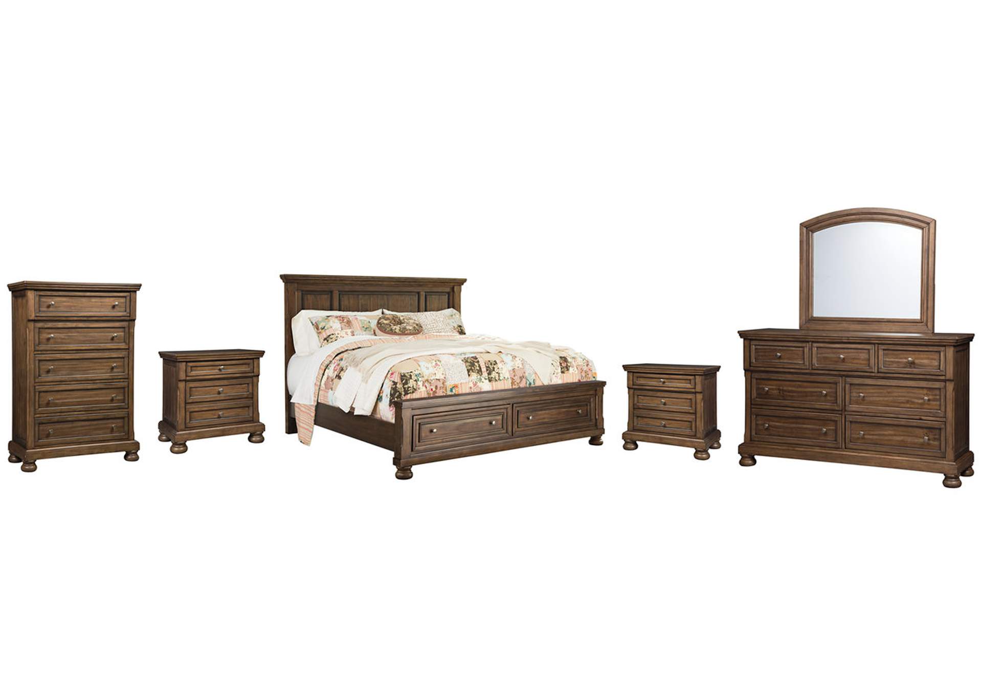 Flynnter California King Panel Bed with 2 Storage Drawers with Mirrored Dresser, Chest and 2 Nightstands