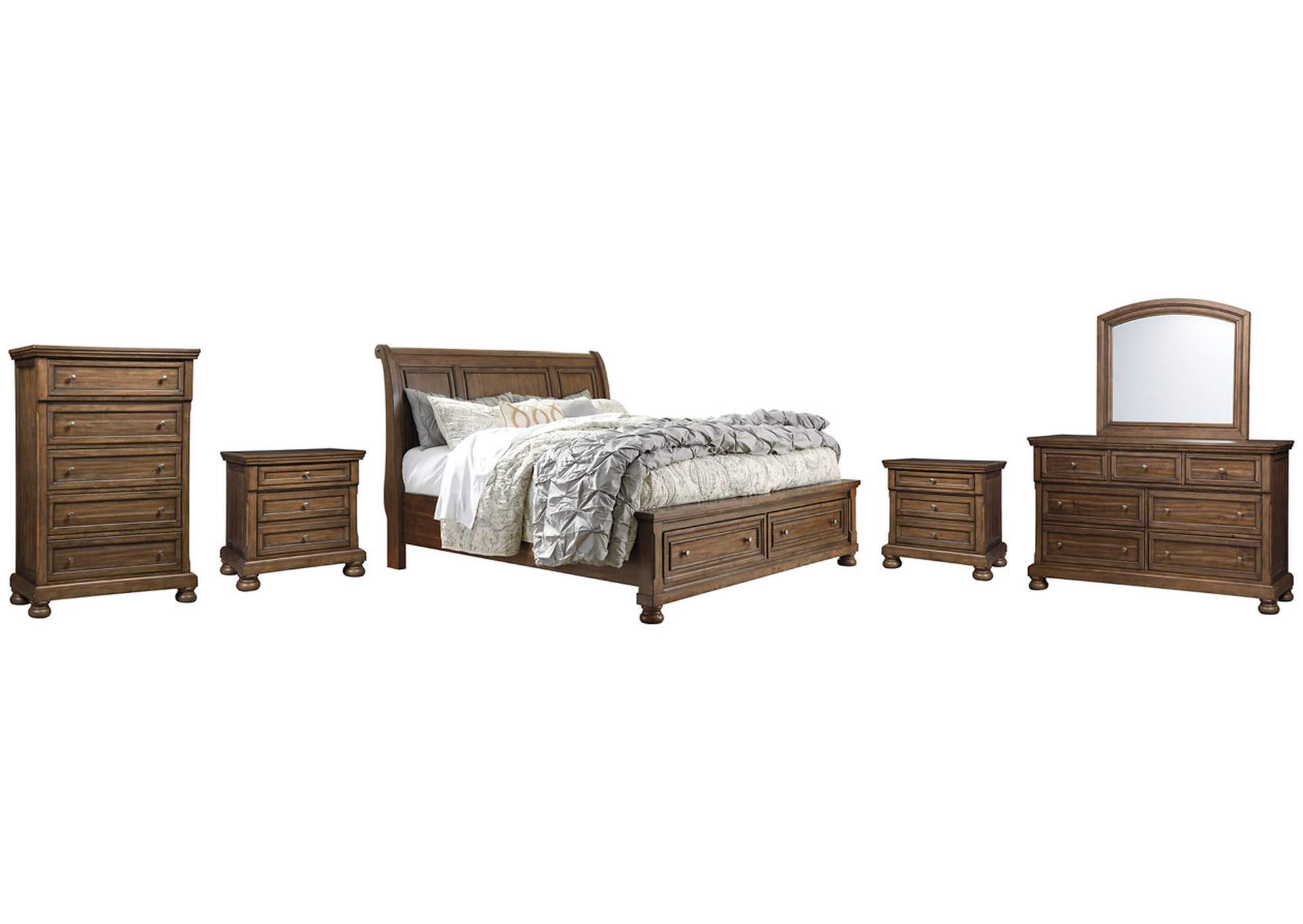 Flynnter California King Sleigh Bed with 2 Storage Drawers with Mirrored Dresser, Chest and 2 Nightstands