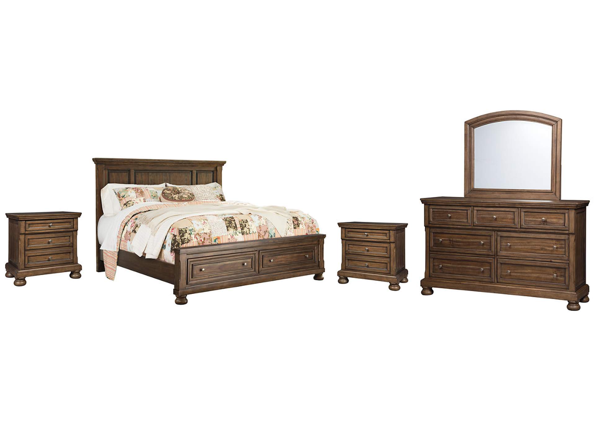 Flynnter California King Panel Bed with 2 Storage Drawers with Mirrored Dresser and 2 Nightstands