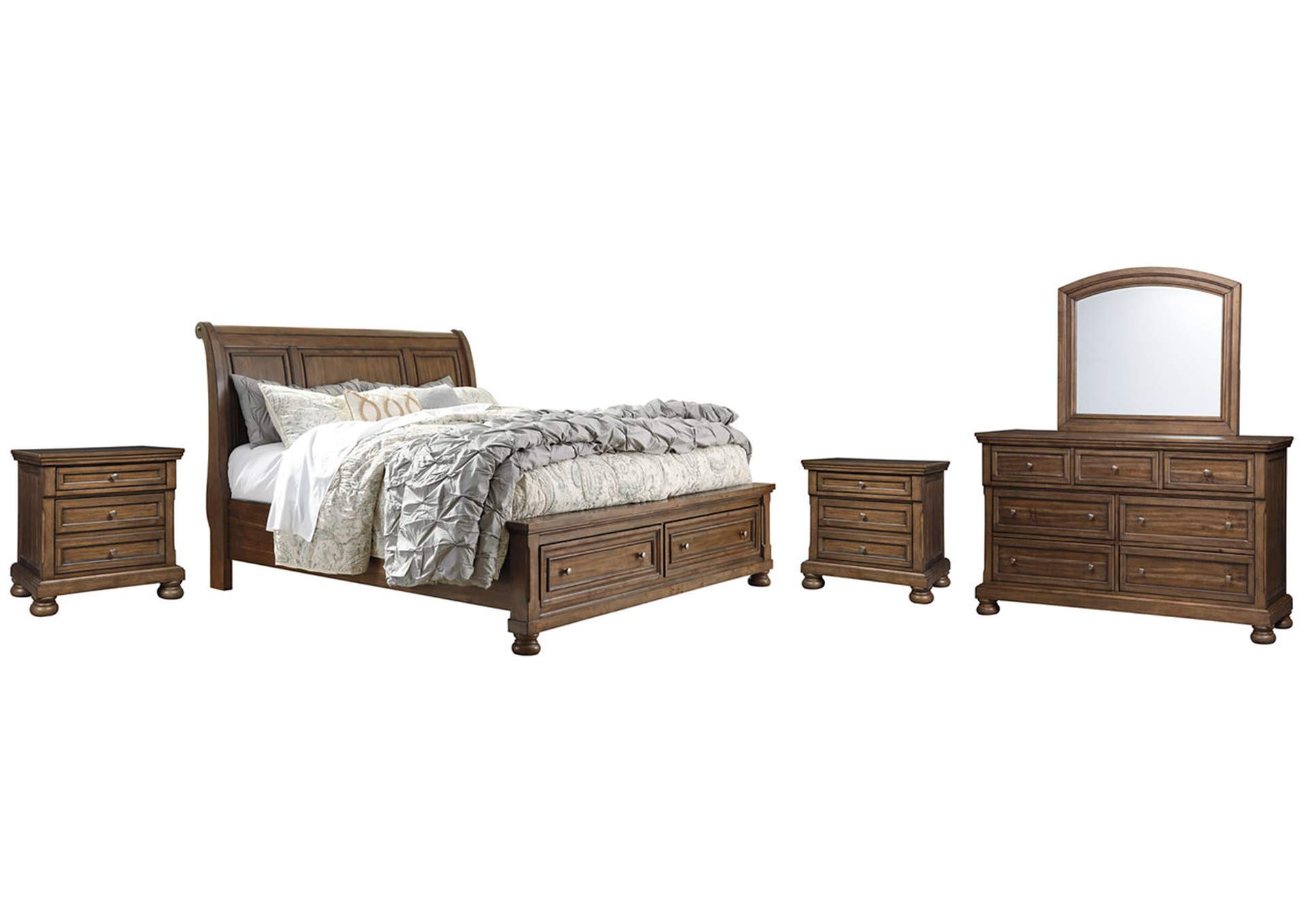 Flynnter California King Sleigh Bed with 2 Storage Drawers with Mirrored Dresser and 2 Nightstands
