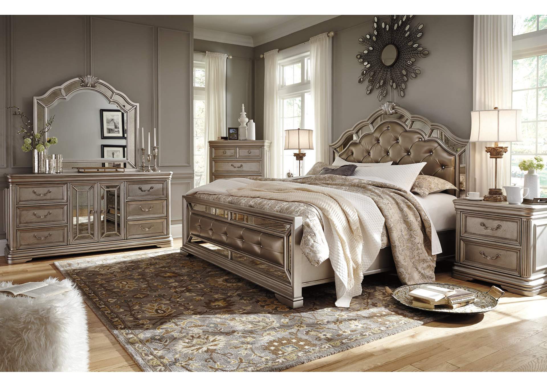 Birlanny Silver Queen Upholstered Bed w/Dresser, Mirror and Nightstand,ABF Signature Design by Ashley