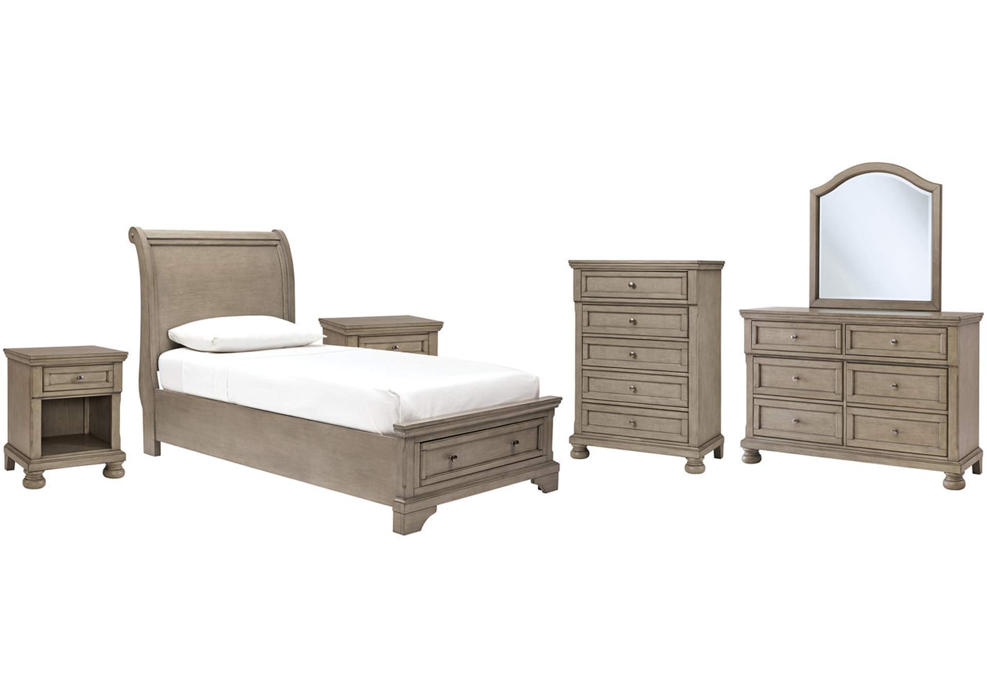 Lettner Twin Sleigh Bed with Mirrored Dresser, Chest and 2 Nightstands