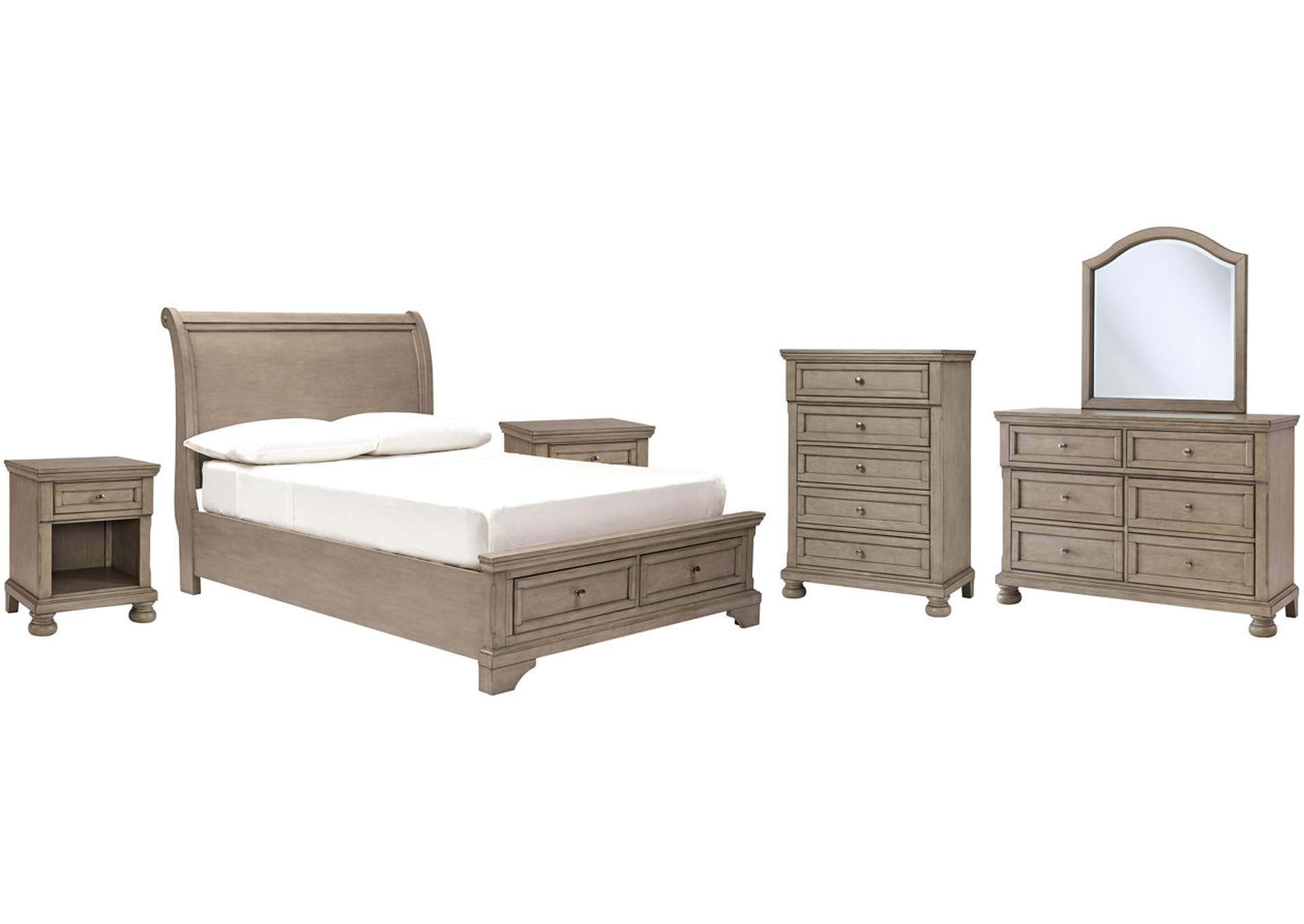 Lettner Full Sleigh Bed with Mirrored Dresser, Chest and 2 Nightstands