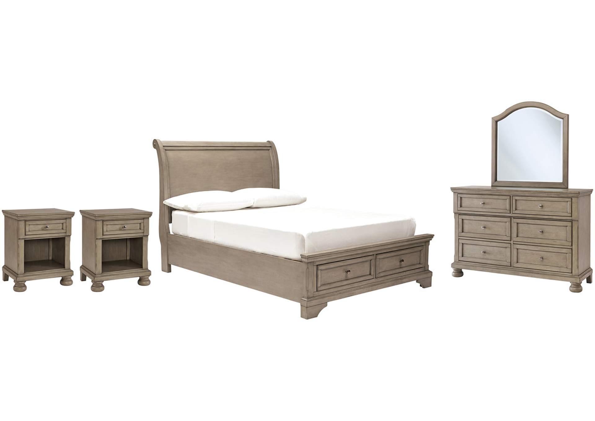 Lettner Full Sleigh Bed with Mirrored Dresser and 2 Nightstands