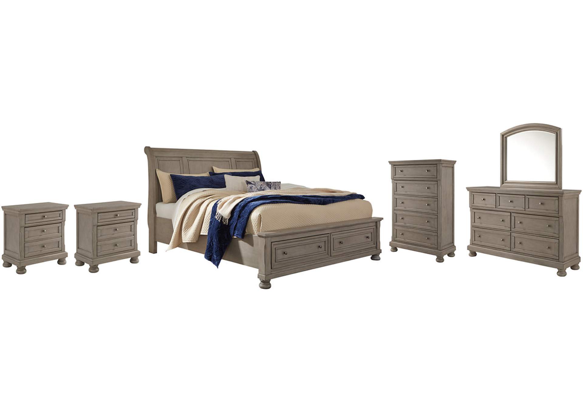 Lettner King Sleigh Bed with 2 Storage Drawers with Mirrored Dresser, Chest and 2 Nightstands