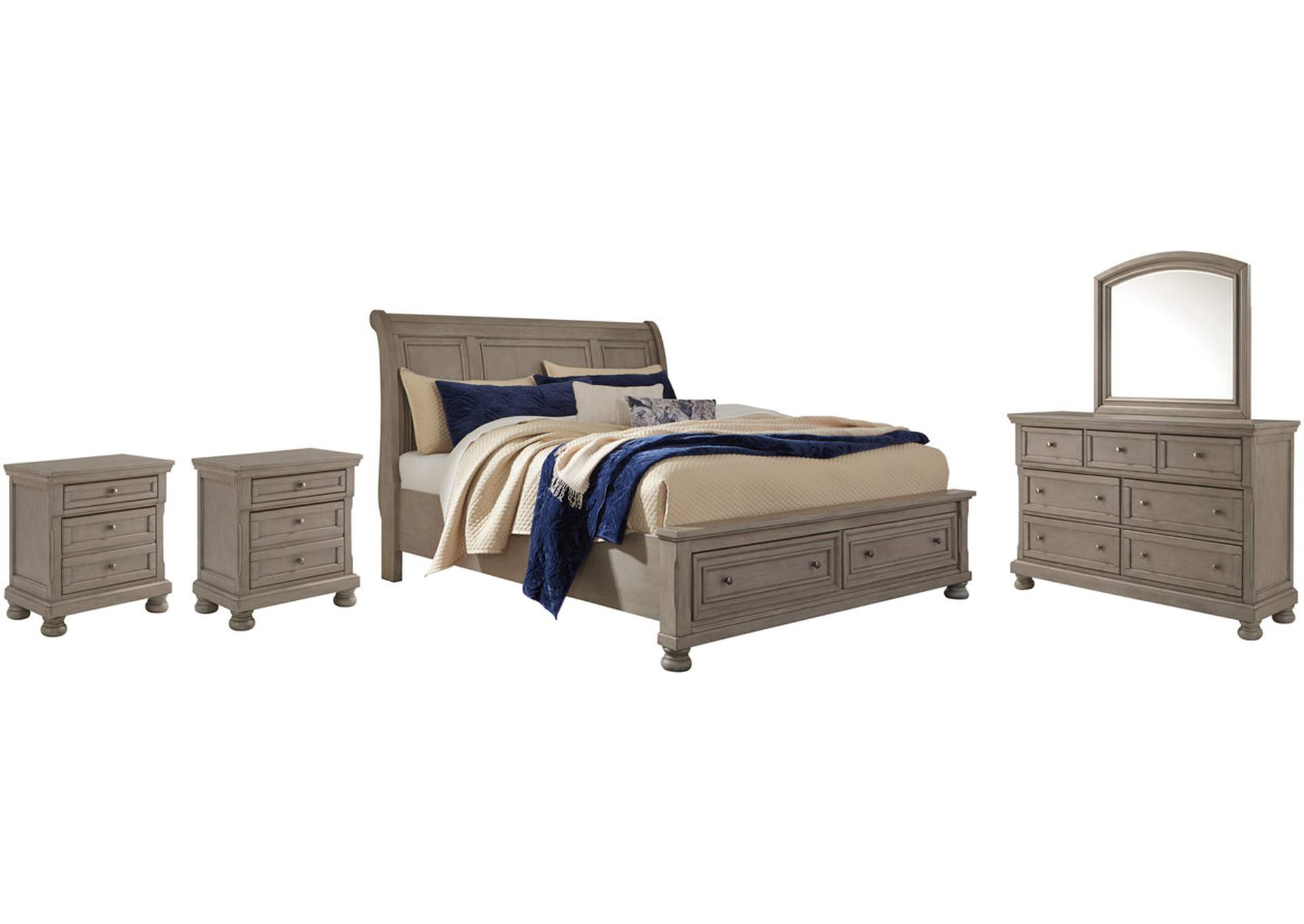 Lettner King Sleigh Bed with 2 Storage Drawers with Mirrored Dresser and 2 Nightstands