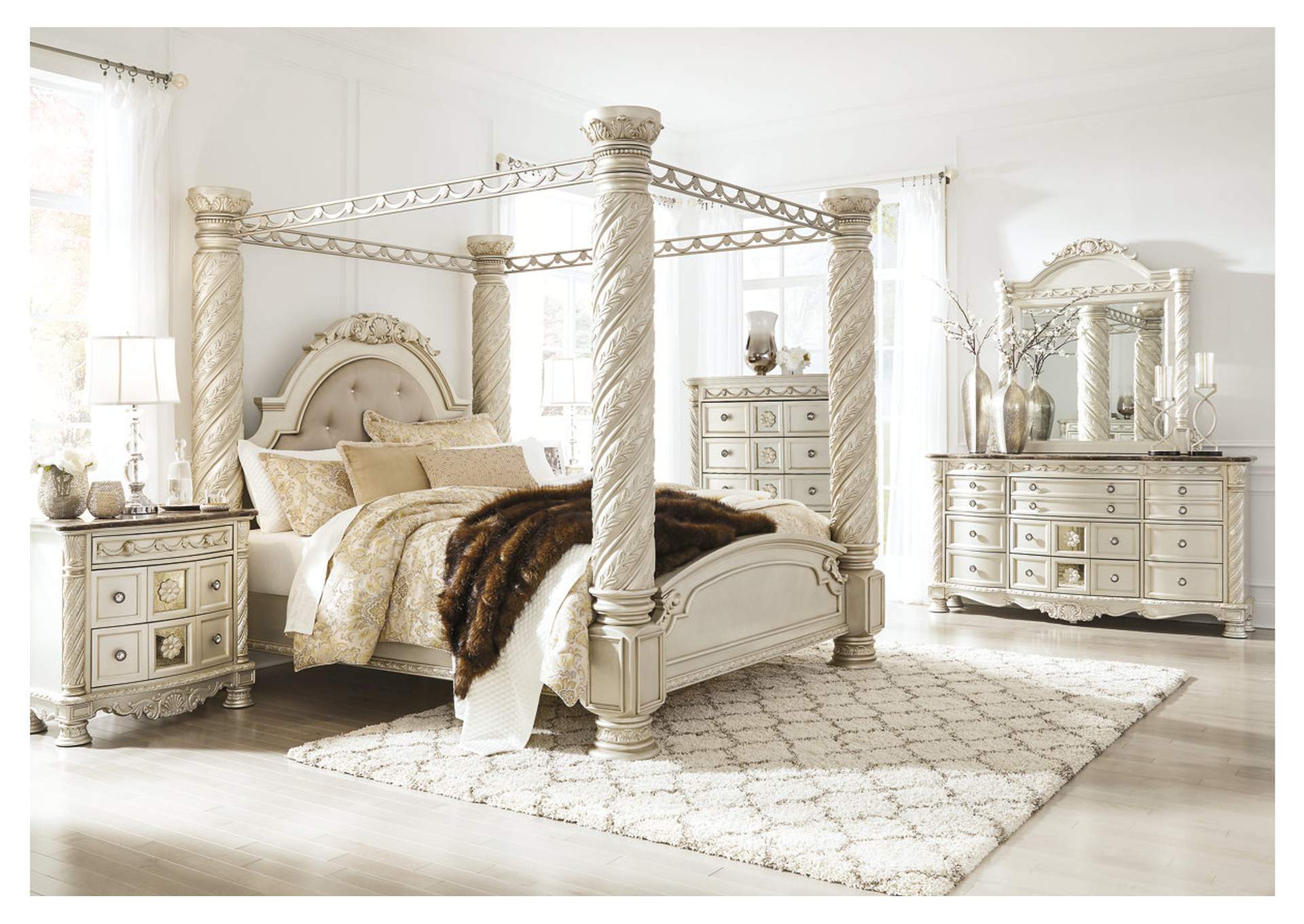 Cassimore Pearl Silver King Upholstered Canopy Bed w/Dresser, Mirror, Drawer Chest and Nightstand,ABF Signature Design by Ashley