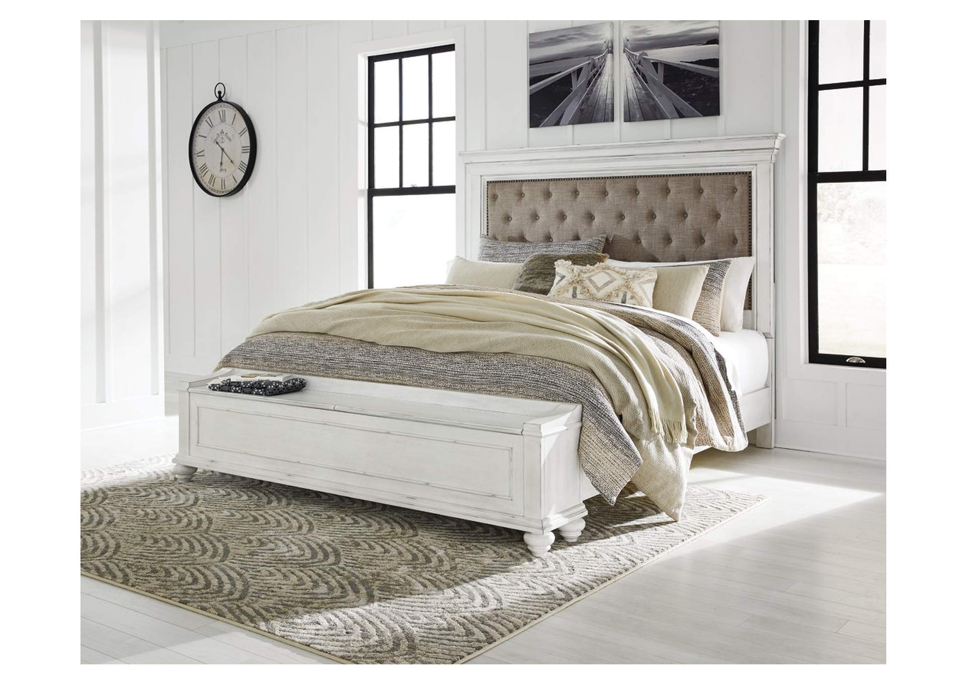 Kanwyn King Upholstered Storage Bed, Dresser, Mirror and Nightstand,Benchcraft