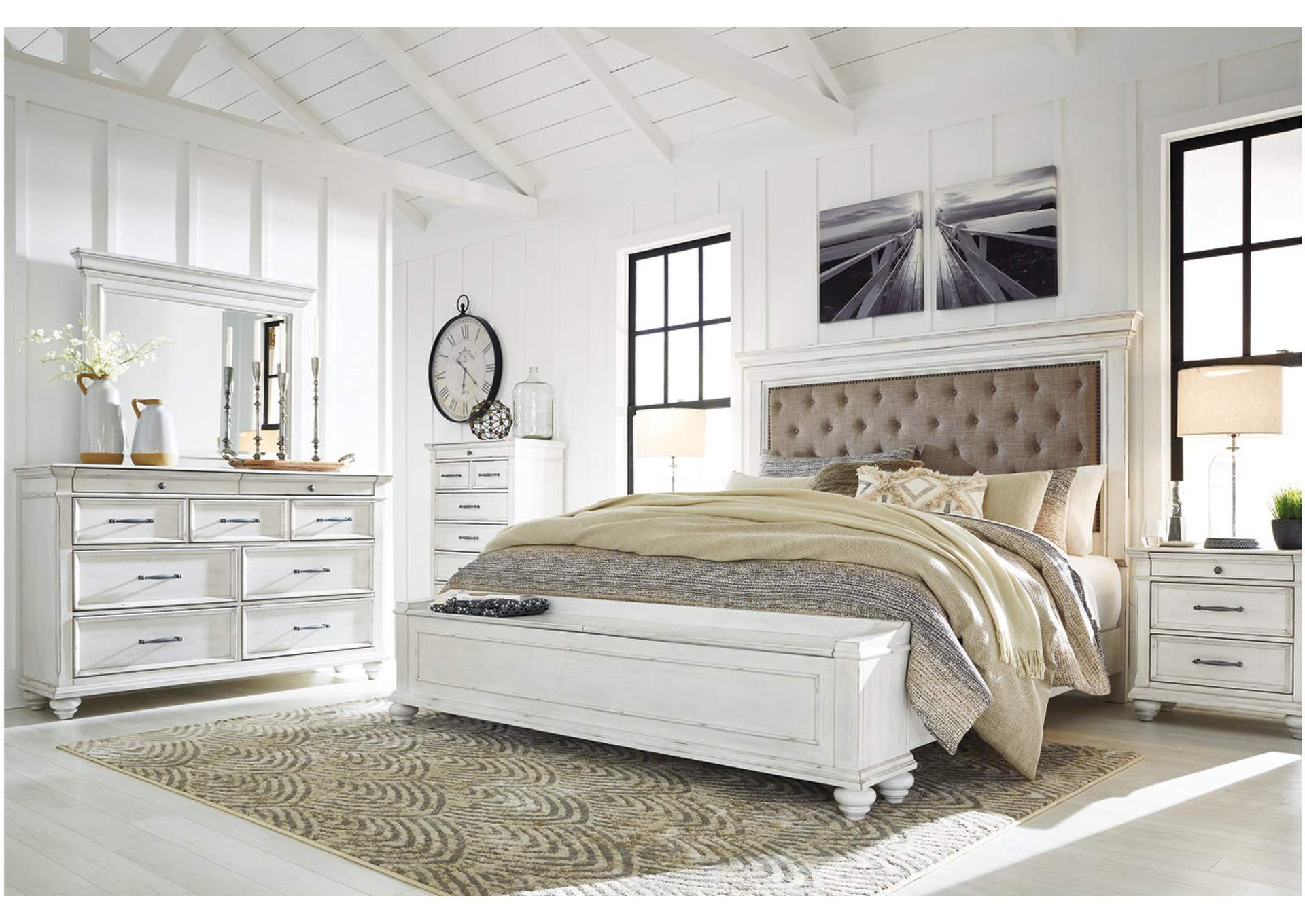 Kanwyn Queen Panel Bed with Storage with Mirrored Dresser and Chest,Benchcraft