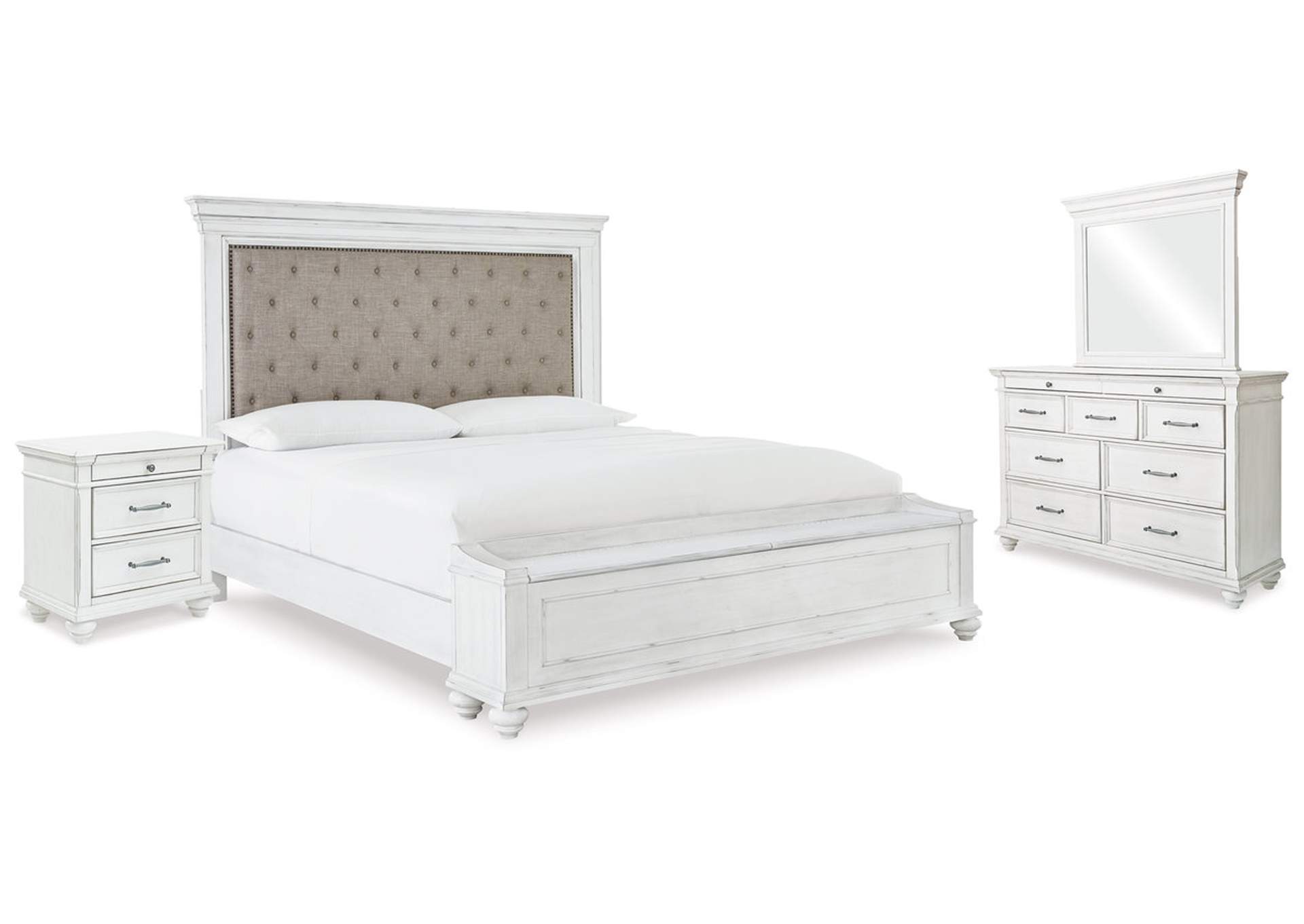 Kanwyn King Upholstered Storage Bed, Dresser, Mirror and Nightstand,Benchcraft
