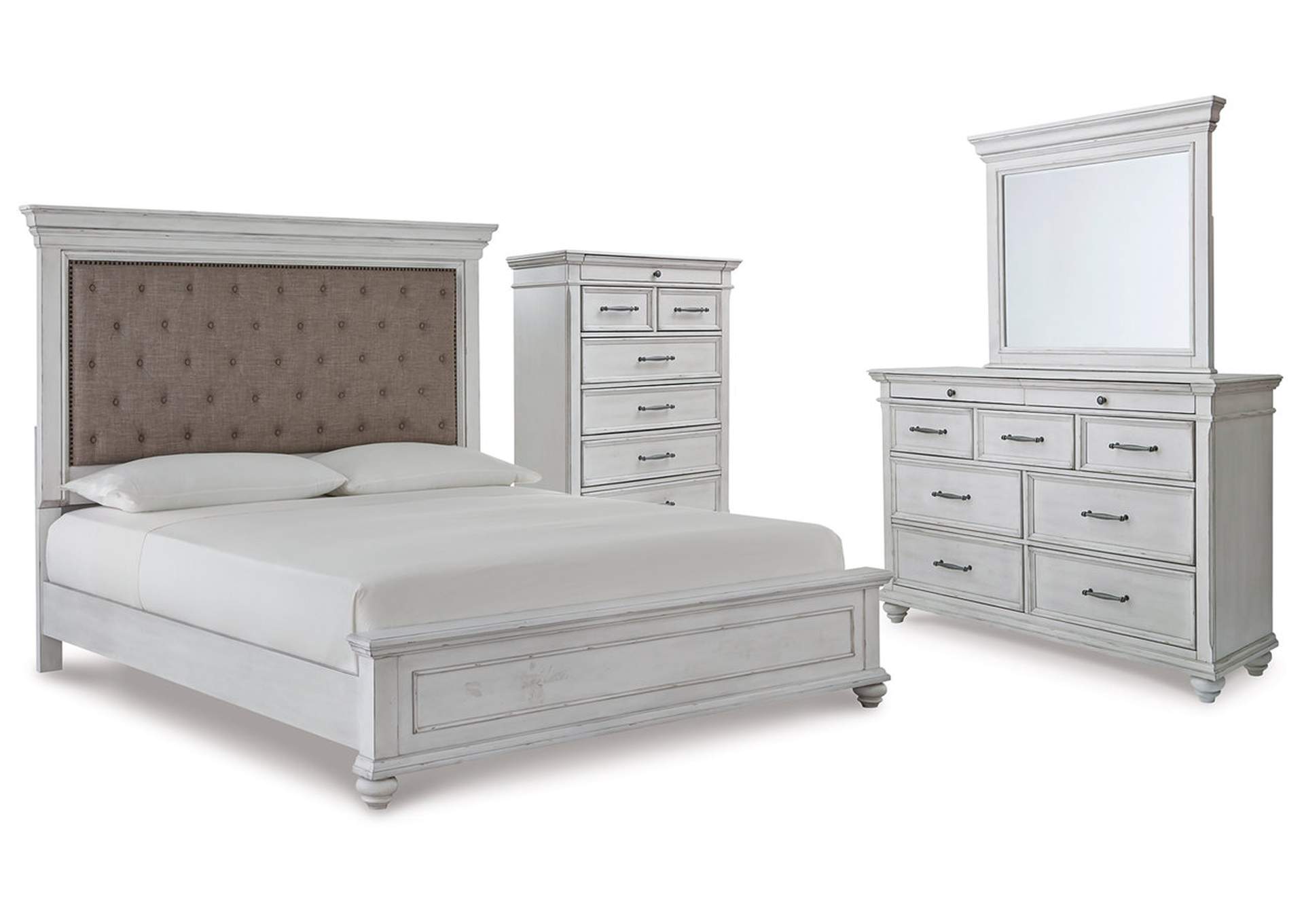 Kanwyn King Upholstered Panel Bed, Dresser, Mirror and Chest,Benchcraft