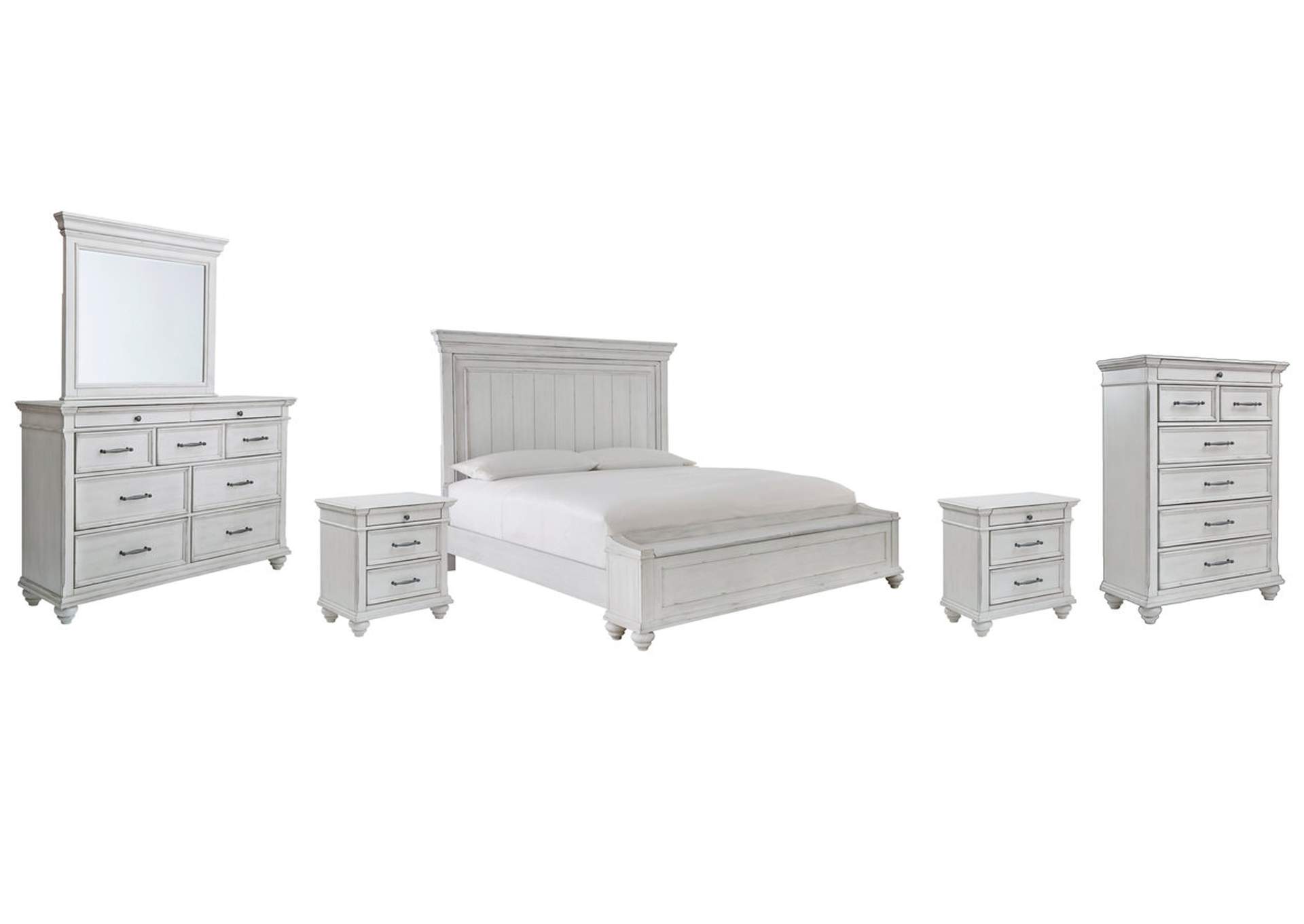 Kanwyn King Panel Bed with Storage with Mirrored Dresser, Chest and 2 Nightstands,Benchcraft