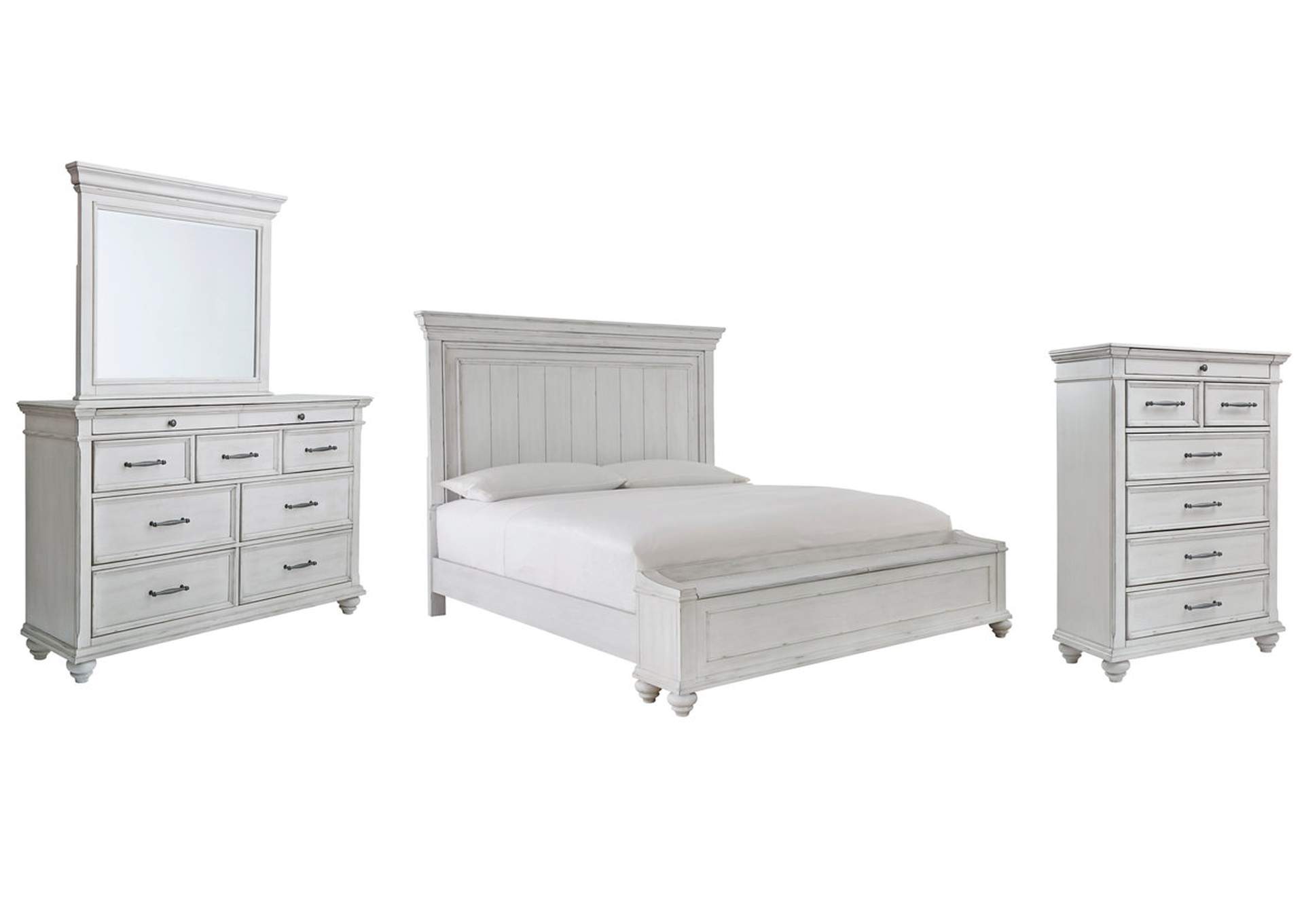 Kanwyn King Panel Bed with Storage with Mirrored Dresser and Chest,Benchcraft