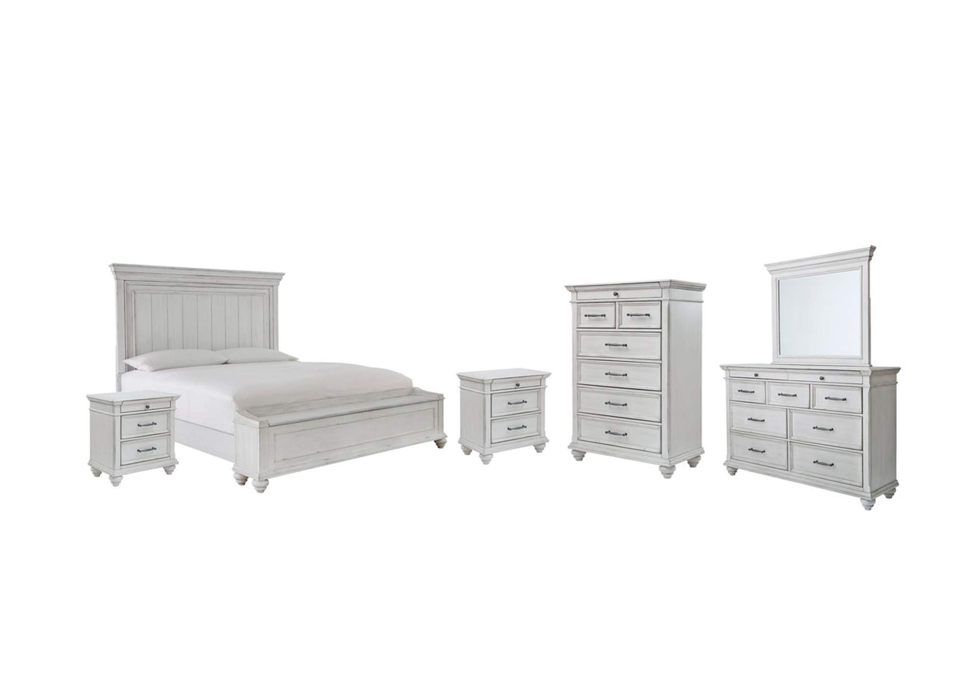 Kanwyn Queen Panel Bed with Storage with Mirrored Dresser, Chest and 2 Nightstands,Benchcraft