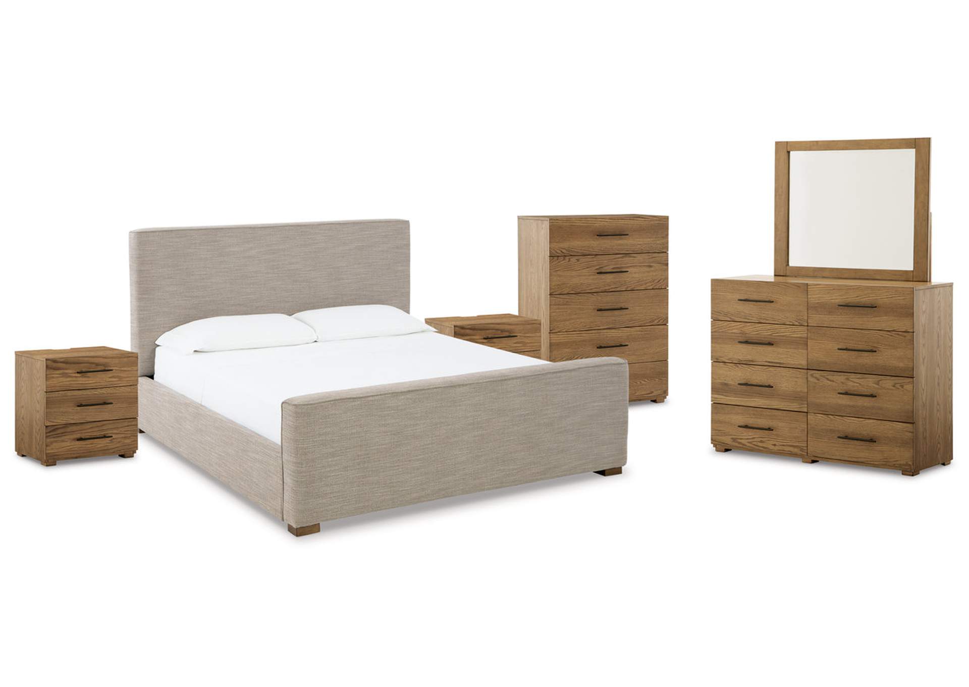 Dakmore King Upholstered Bed with Mirrored Dresser, Chest and 2 Nightstands,Signature Design By Ashley